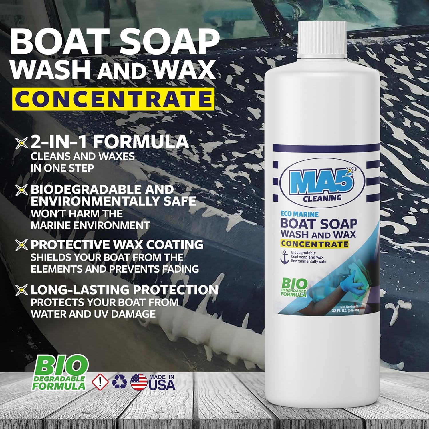 MA5x Eco-Marine Boat Soap Wash and Wax | Concentrated and Biodegradable Formula | Heavy Duty and Fast Acting Boat Cleaner