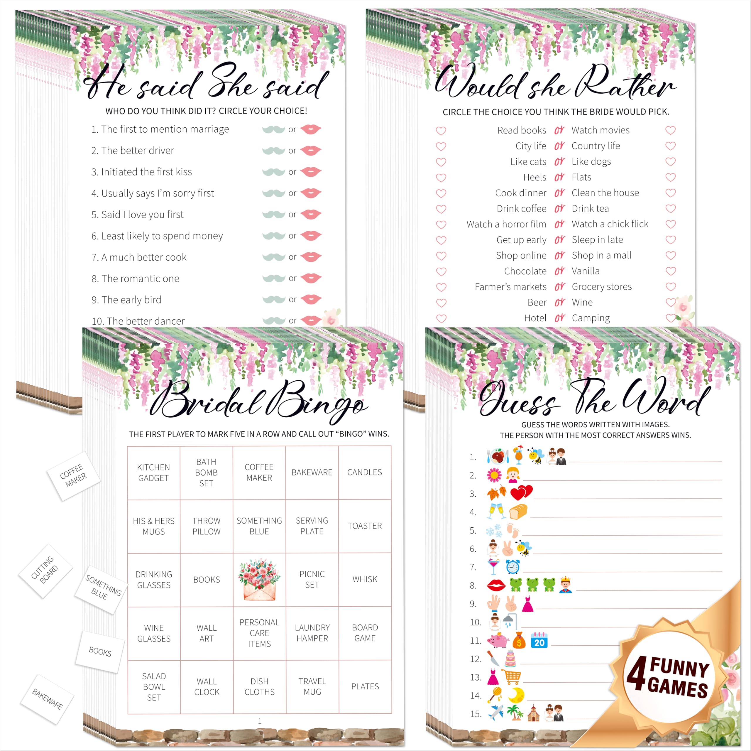 Bridal Shower Game Set, 4 Fun Games &amp; Activities - Bingo Game/Would She Rather/He Said, She Said/Guess The Word for 30 Guests, All-in-one Set Wedding Party Supplies