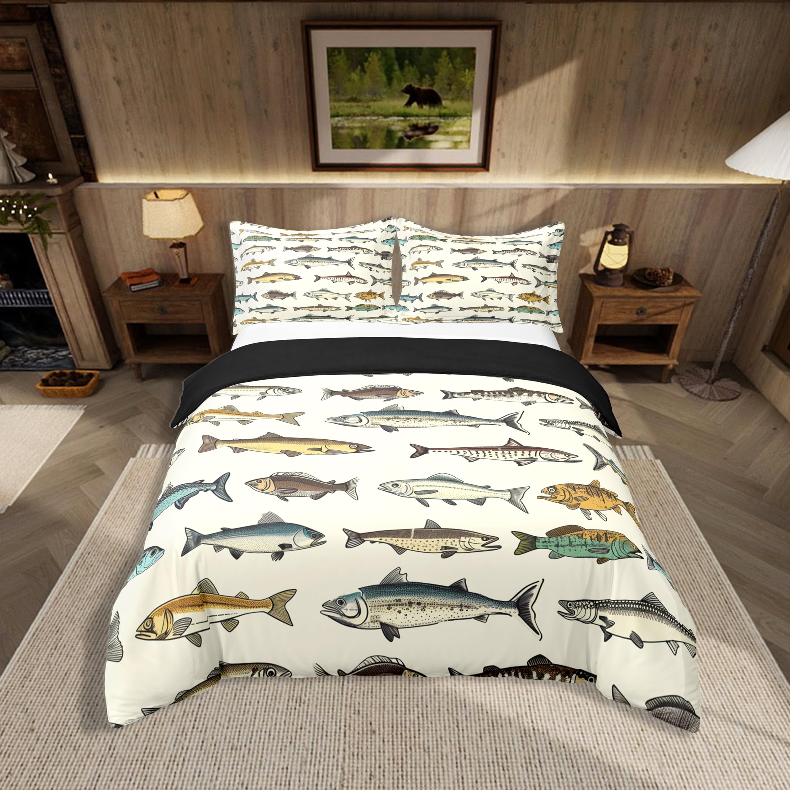 Loussiesd Kinder Fisch 100% Baumwolle Bettwäsche Set 135x200cm Fischen und Jagen Bettwäsche-Set für Jungen Mädchen Vintage Graffiti Betten Atmungsaktiv Zimmer Dekor Bettbezug