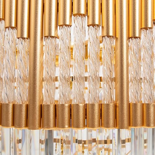 Miniatura 8 de DYNAMI Candelabro de cristal moderno dorado, 23.6 pulgadas, redondo, 5 niveles, cristales transparentes, luces colgantes grandes, altura ajustable