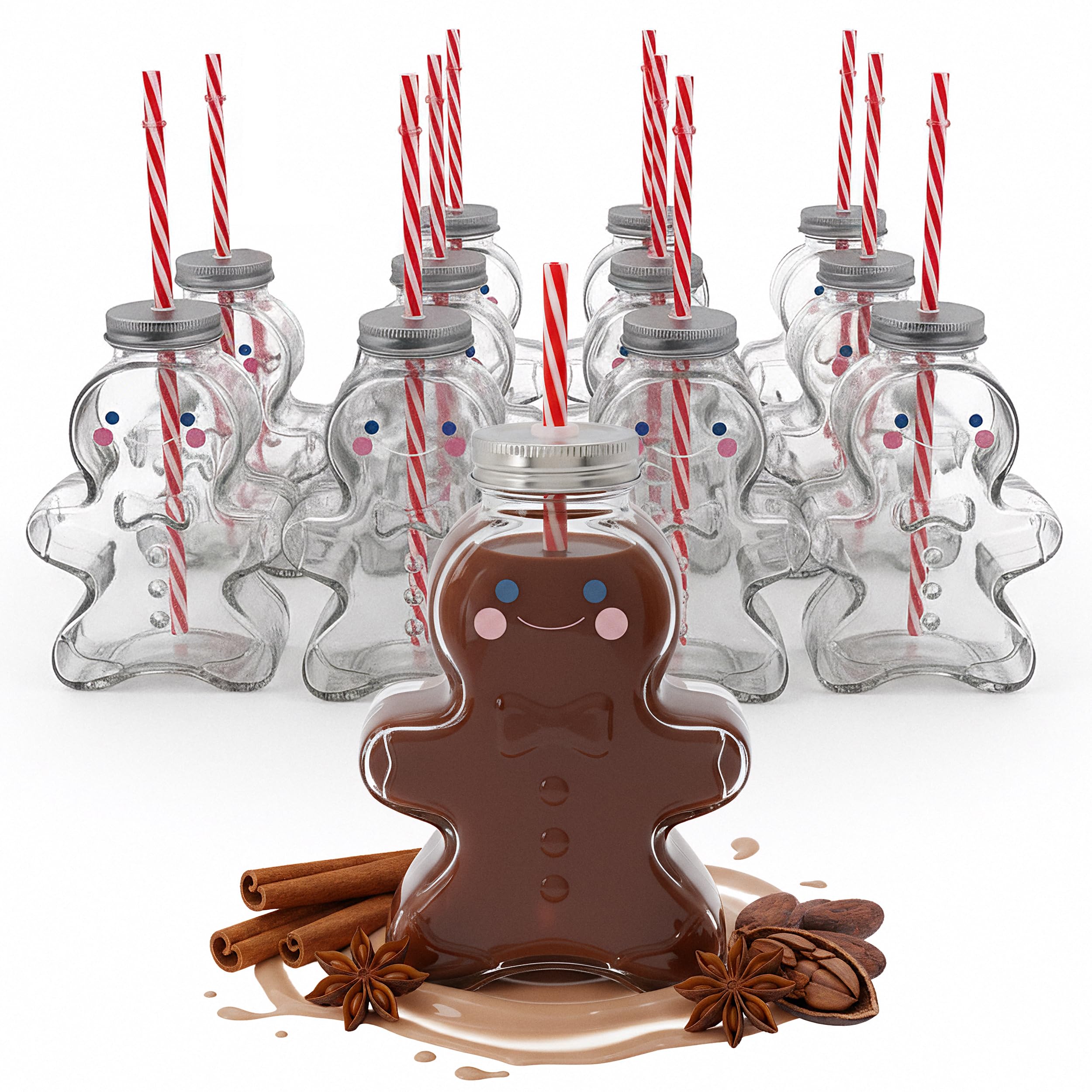 Novaliv 12x Tassen Glühwein 440 ml Personalisierte Weihnachtstasse mit Trinkhalm - Lebkuchenmann als Glühweinbecher - Christbaumkugel Motiv Tasse Tannenbaum Kugel Weihnachtstassen Handwärmer Mugs