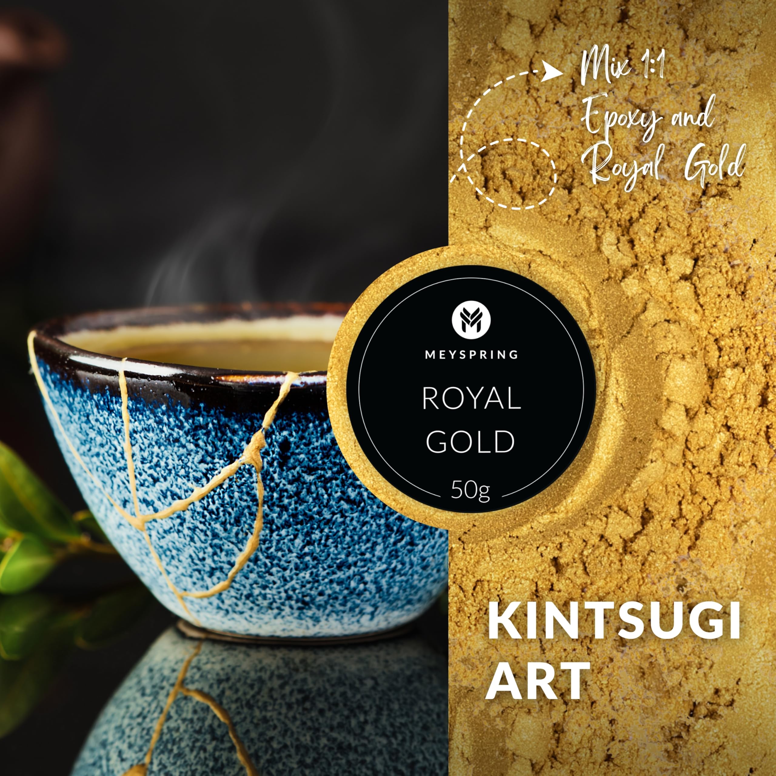 MEYSPRING Royal Gold Glimmerpulver für Epoxidharz – Kintsugi Gold – tolle Harzfarbe für Reparaturset und metallisches Epoxid – Harz-Kunstbedarf