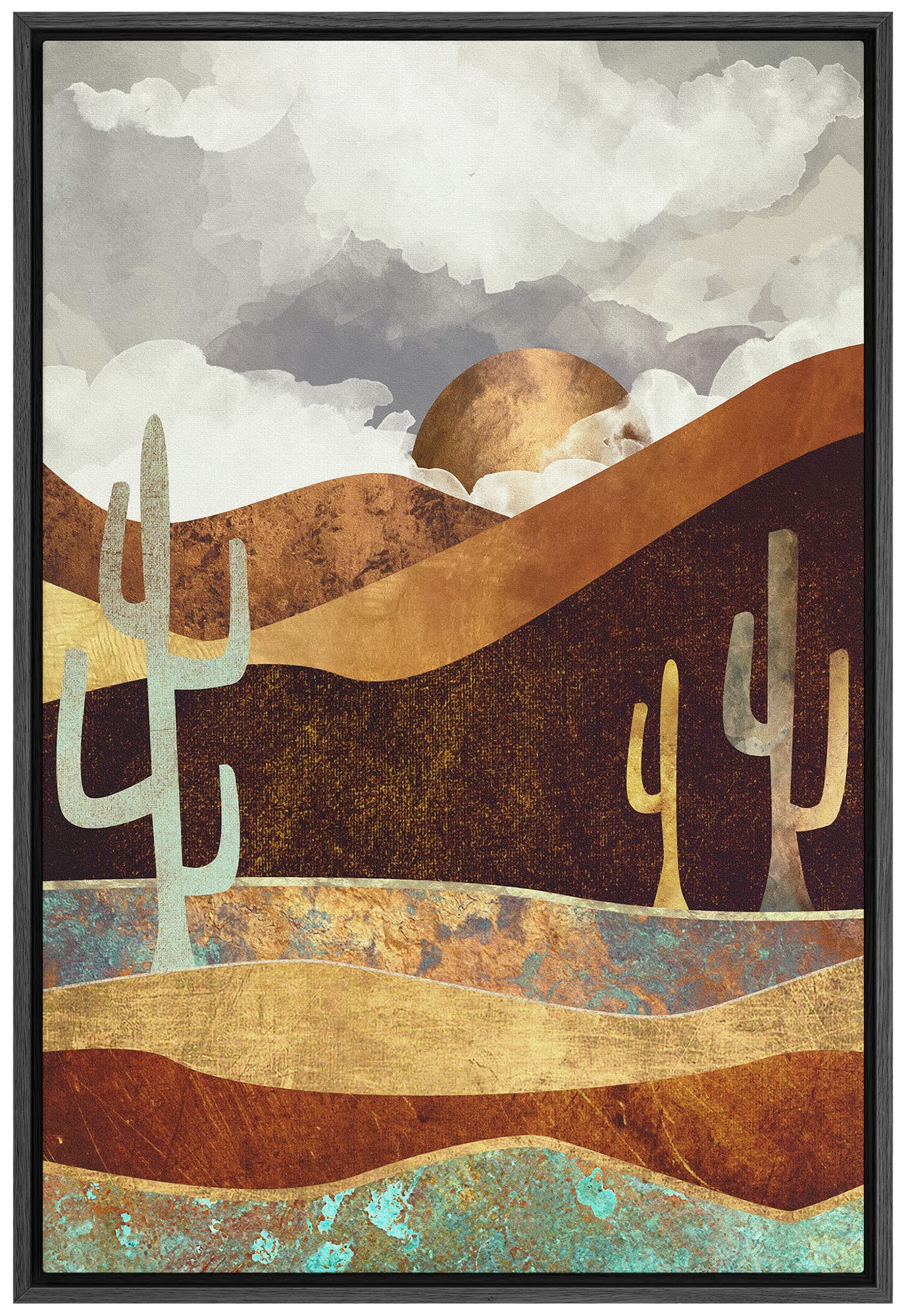SIGNFORD Framed Canvas Print Wall Art Cloudy Brown Desert Landscape with Cacti Abstract Wilderness Digital Art Modern Art Southwest Colorful for