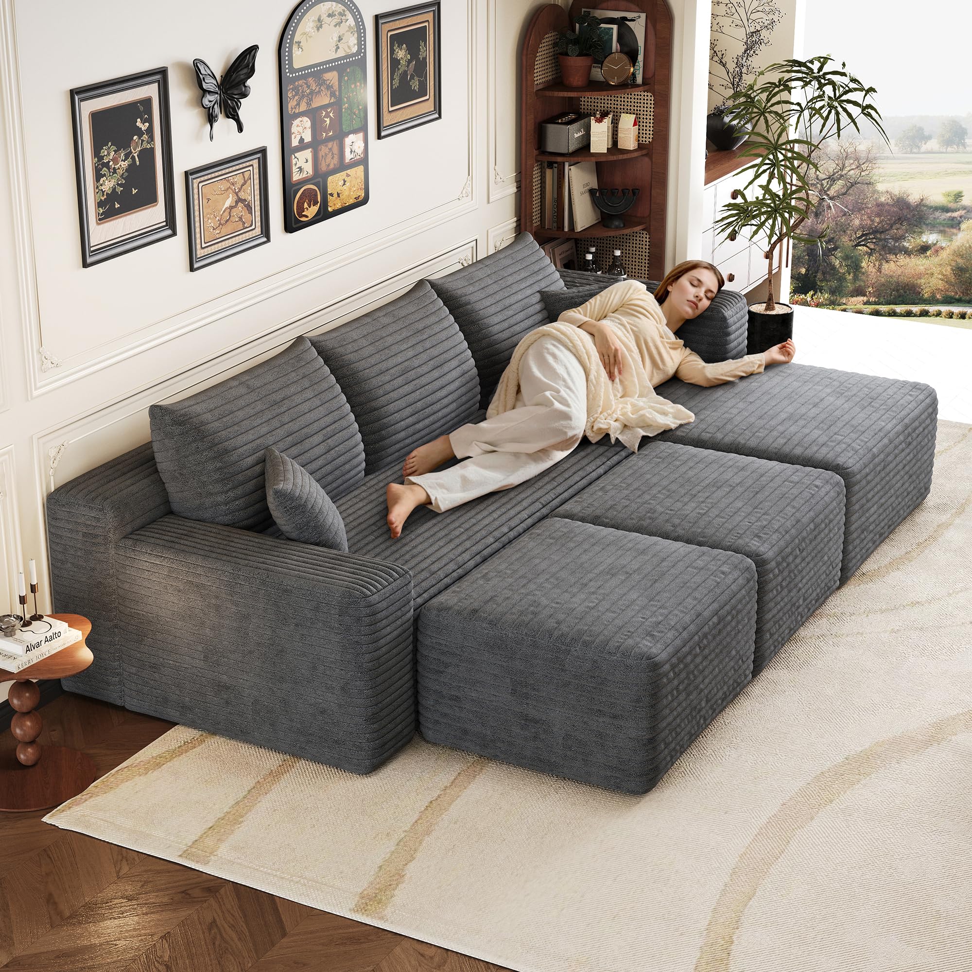 Sofá esquinero Convertible,sofá de Tres plazas,sofá Modular Compresible,no Requiere Montaje, cojín de Esponja de Alta Densidad 32D, Tejido de Pana