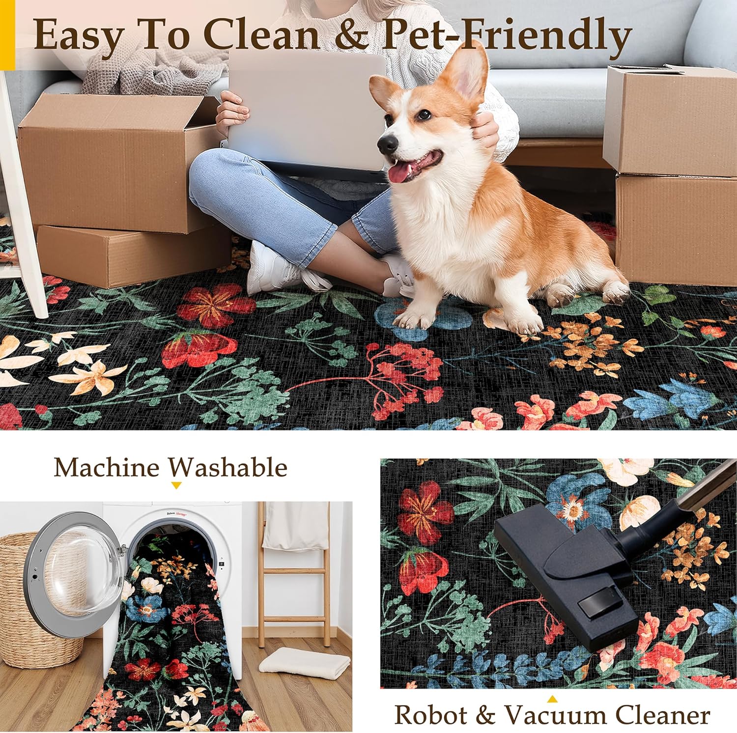 PureCozy Black Area Rug 3x5 Office Floral Boho Door Mat Indoor Washable Kitchen Carpet Non Slip Bedroom Low Pile Lightweight Soft Throw Rug for Living Dining Room Bathroom