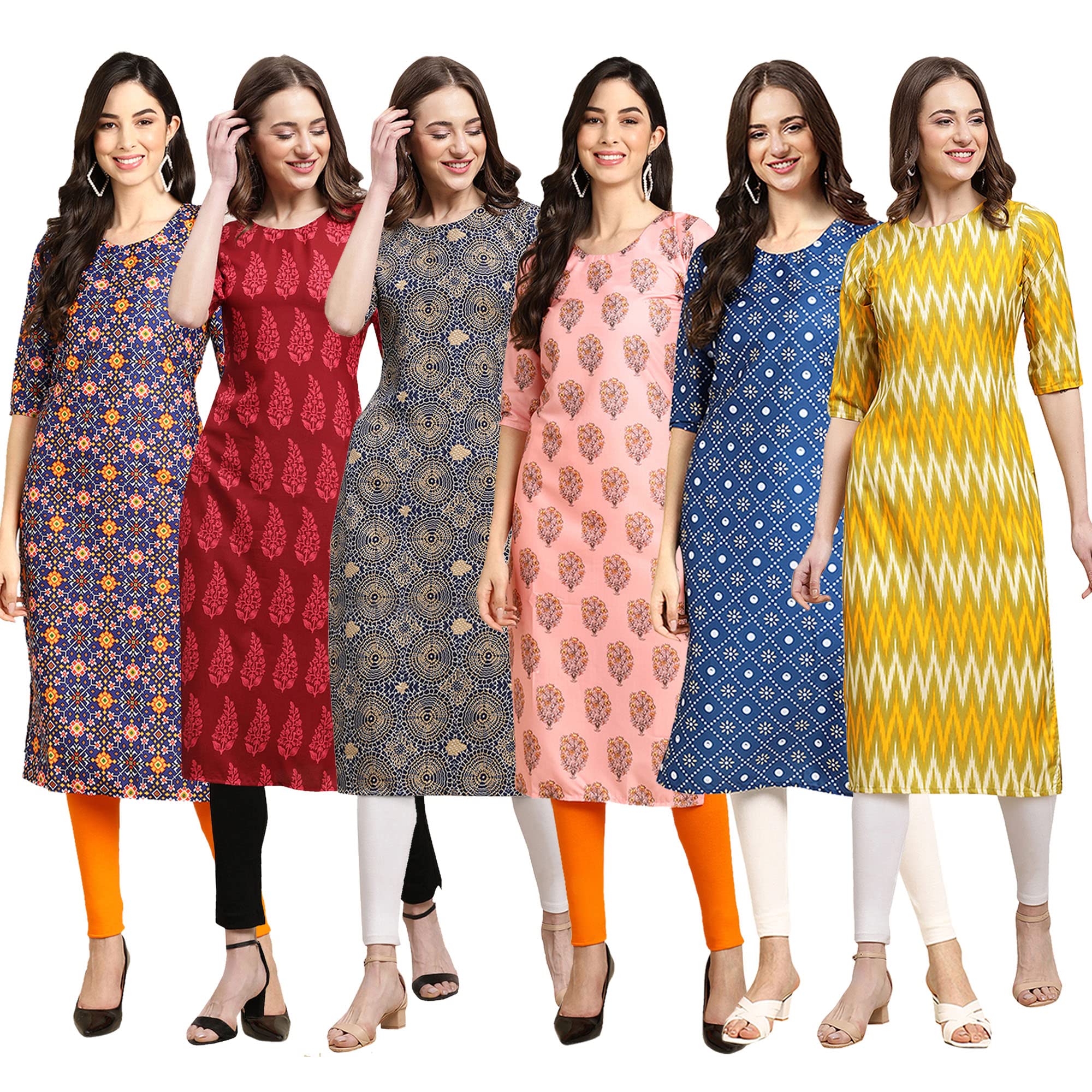 Pinkmint Women's Crepe Digital Print Straight Kurta Pack Of 6 [Cr-369-337-341-368-353-329-Xl]