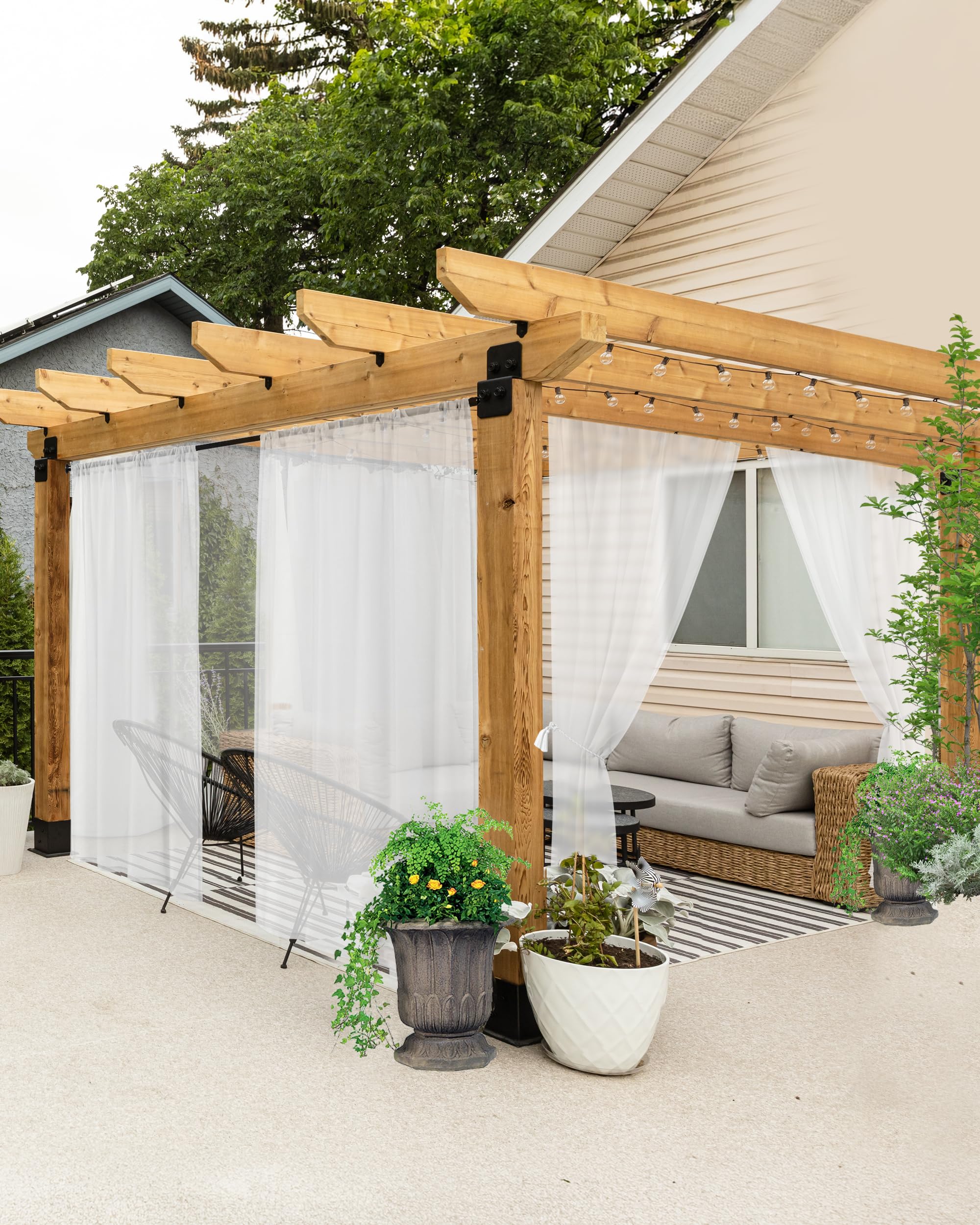 HolidayIdeas All Weather White Outdoor Sheer Curtains for Patio Waterproof Linen Look Rod Pocket Indoor Sheer Voile Curtains for Porch, Balcony, Gazebo, Pergolas, 54x95 Inch, 6 Panels-picture-11