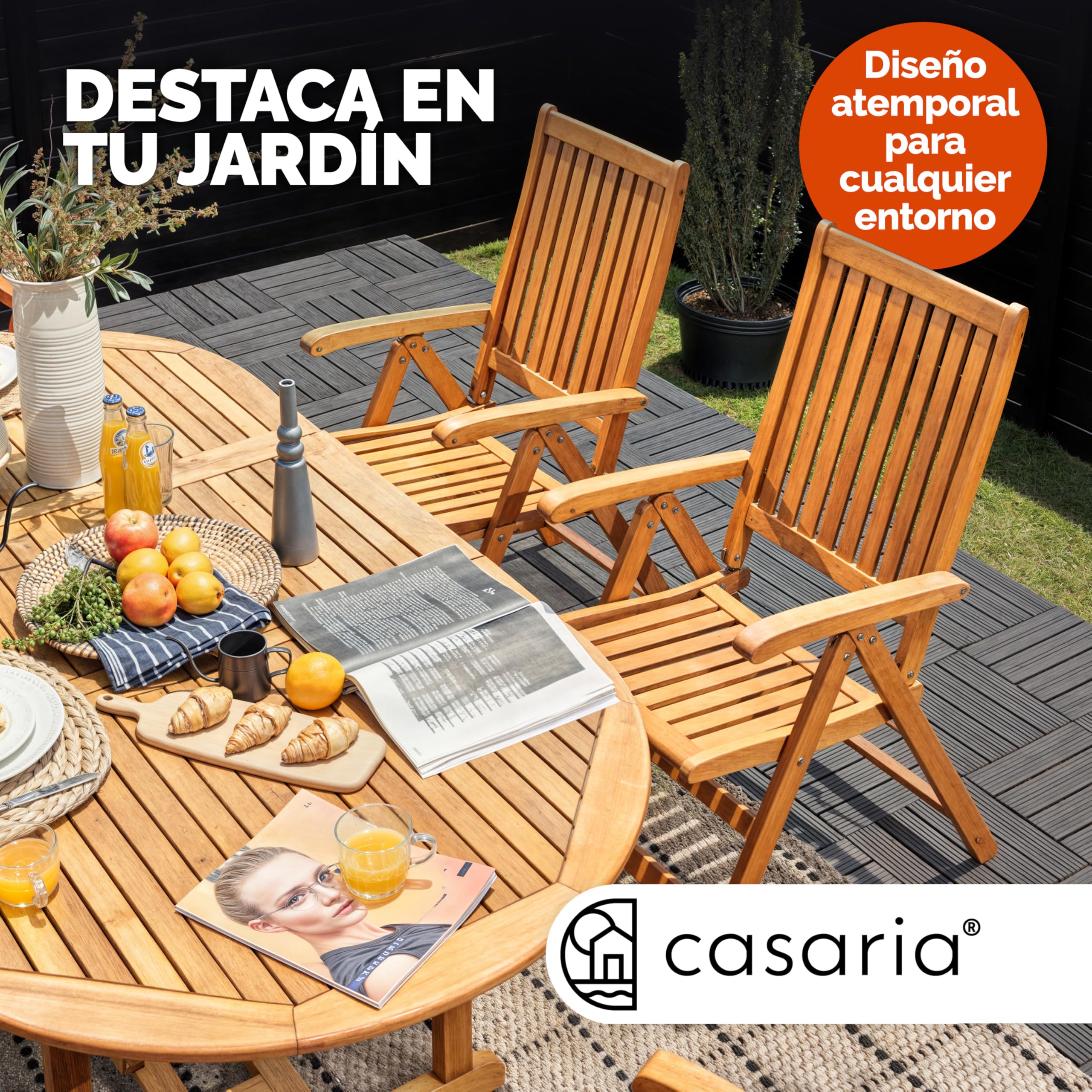 CASARIA® Conjunto de Jardín Exterior Mesa 6 Sillas Juego Comedor Patio Terraza Madera Eucalipto FSC® Asientos Ajustables 5 Posiciones Apilables Tablero Ampliable Apto Sombrilla Resistente Intemperie