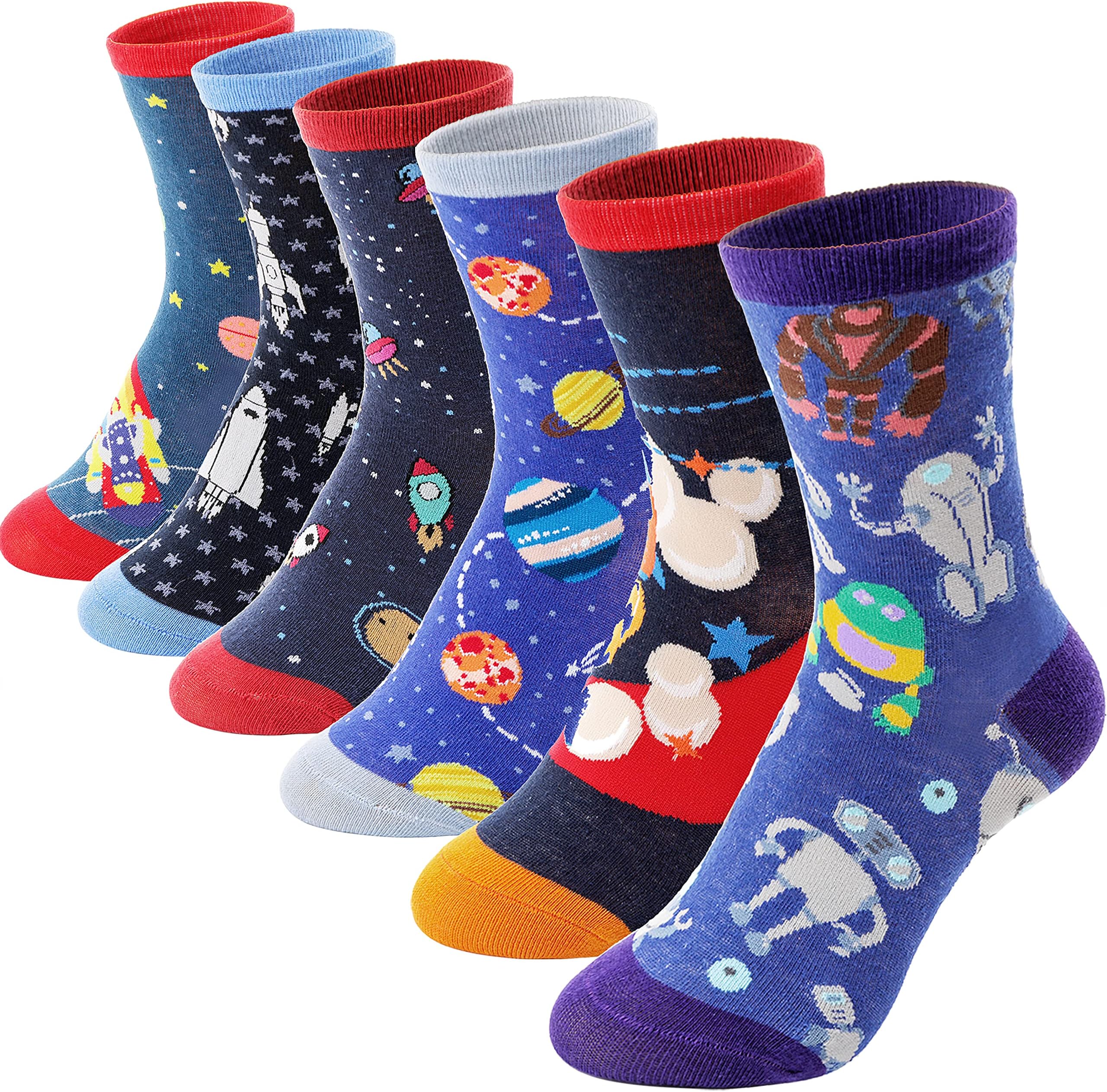 6 Pairs Boys Kids Socks Fun Crazy Funny Novelty Cartoon Space Rocket Dinosaur Crew Cotton Socks
