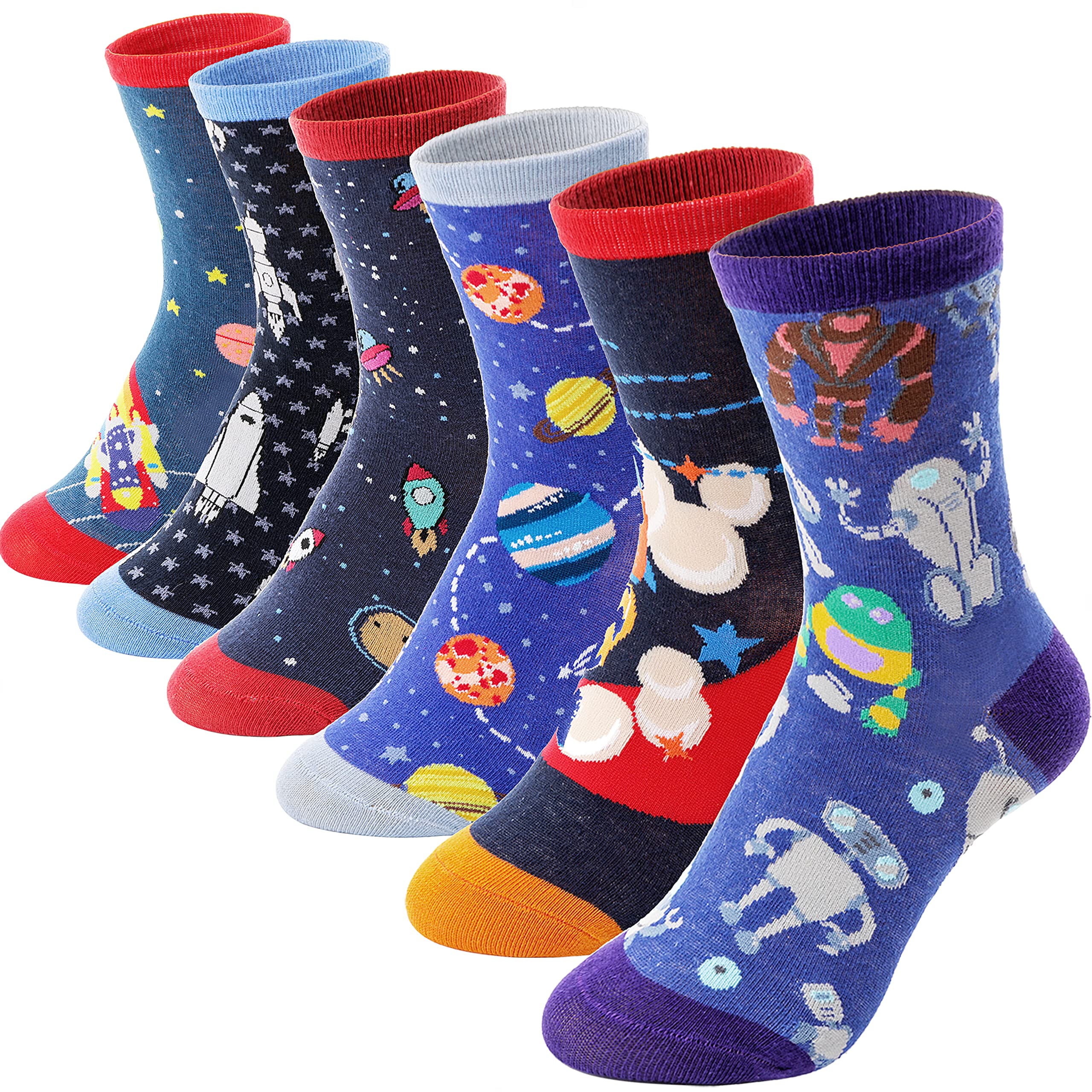 Anlisim6 Pairs Boys Kids Socks Fun Crazy Funny Novelty Cartoon Space Rocket Dinosaur Crew Cotton Socks