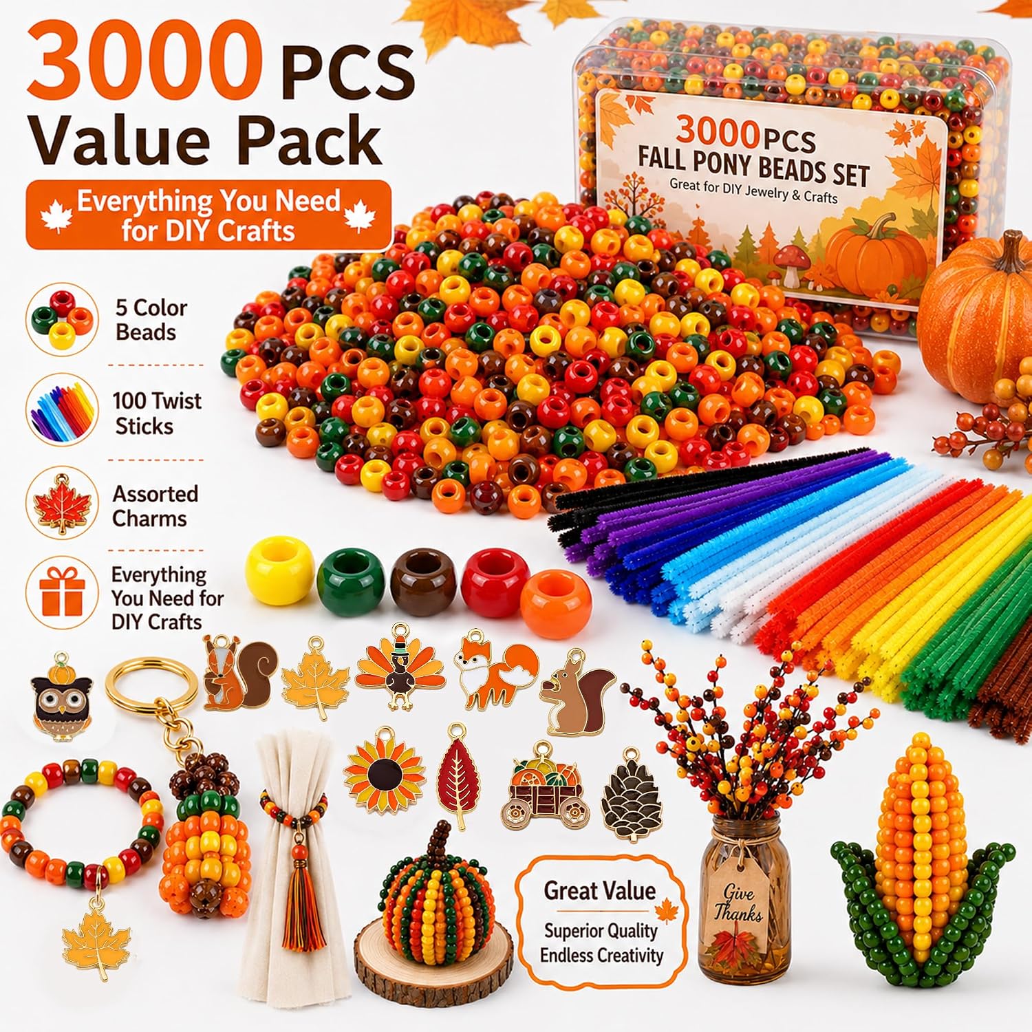 3000Pcs Fall Pony Beads Set, for Autumn Thanksgiving DIY Crafts