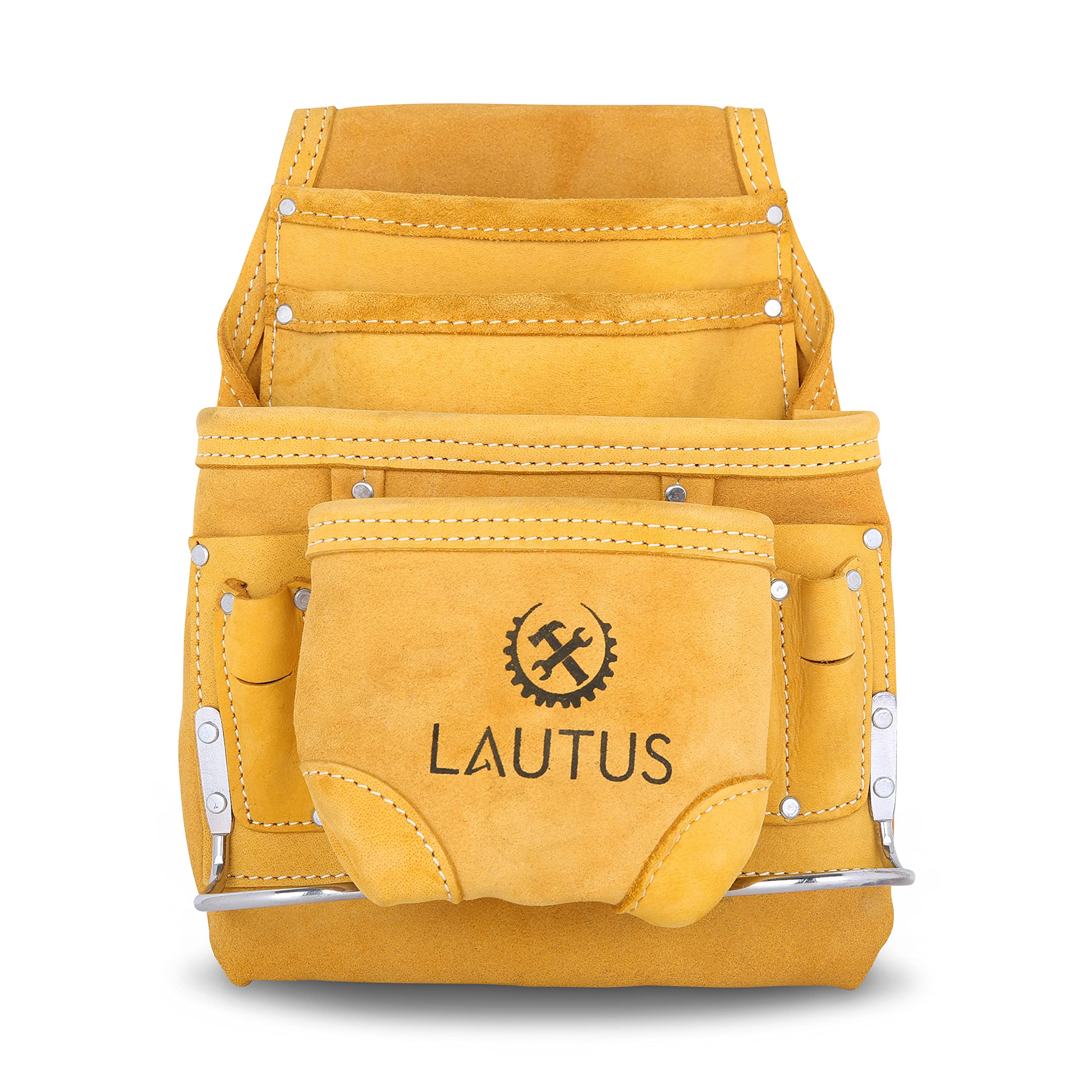 LAUTUS Nubuck Top Grain Leather Tool Pouch Bag | Carpenter, Construction, Framers, Handyman | 10 Pockets, 2 Hammer Holders | 100% Leather |