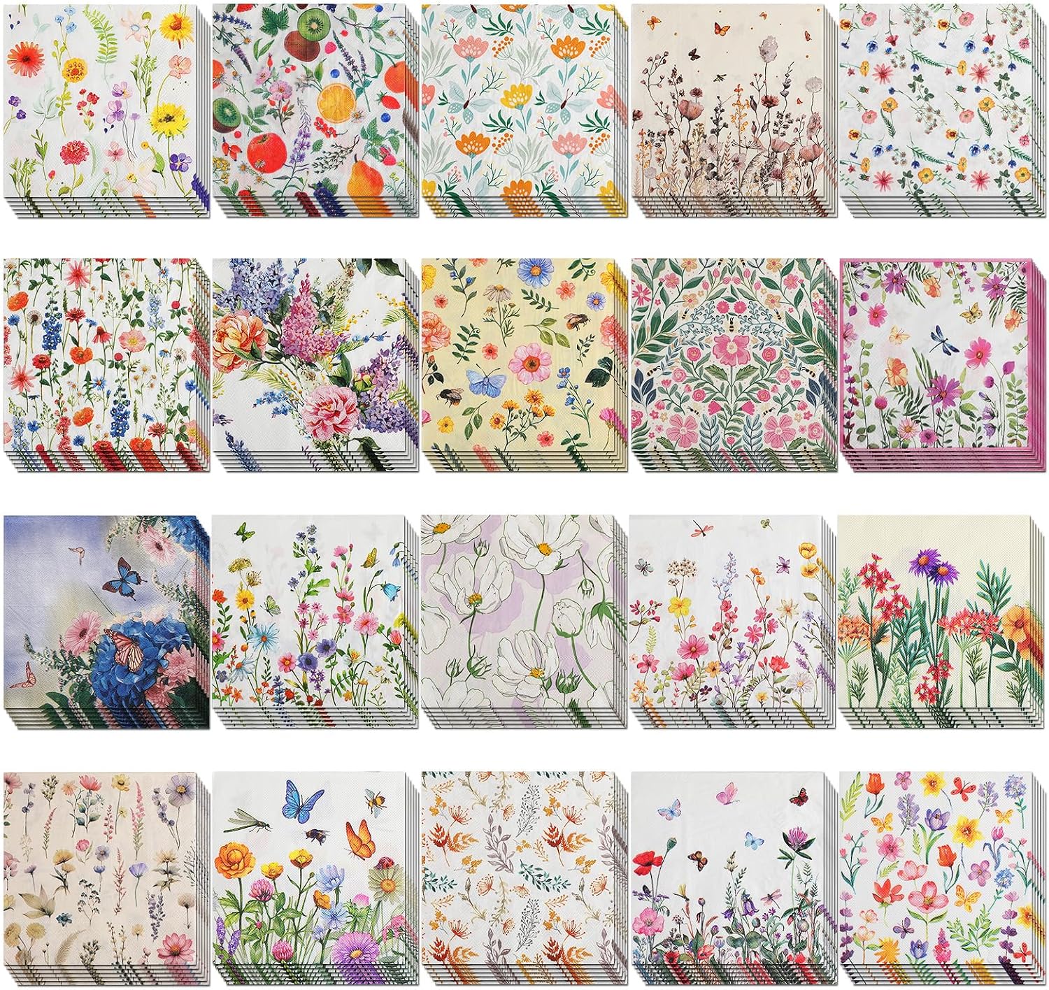 120 Pack Assorted Floral Napkins for Decoupage Wildflower Decorative Paper Napkins for Decoupage, Floral Cocktail Napkin 6.5'' for DIY Wedding Birthday Party Baby Gift, 20 Styles