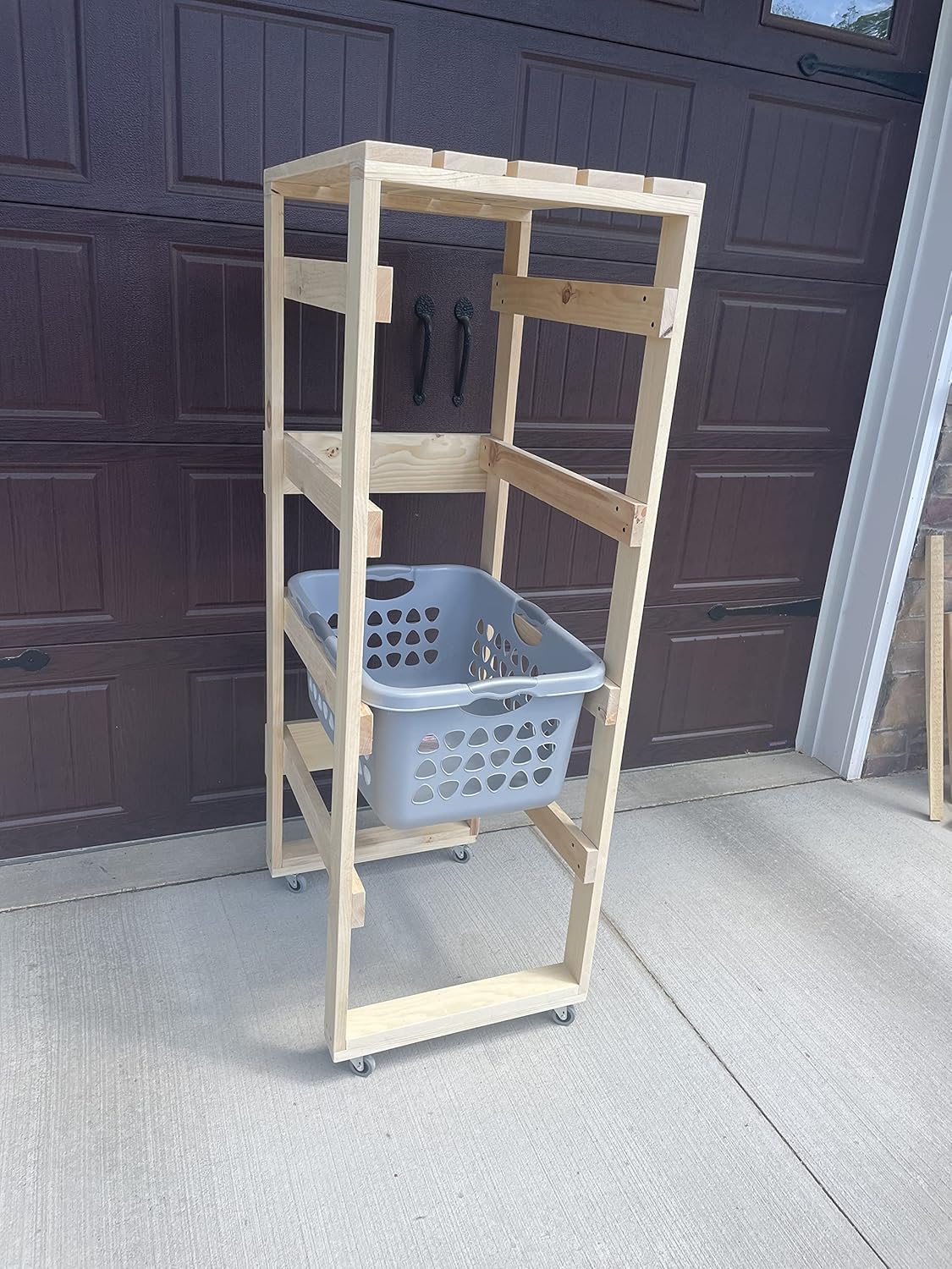 Wood Laundry Basket Holder (Natural No Stain, 4 High + Top shelf + Rollers