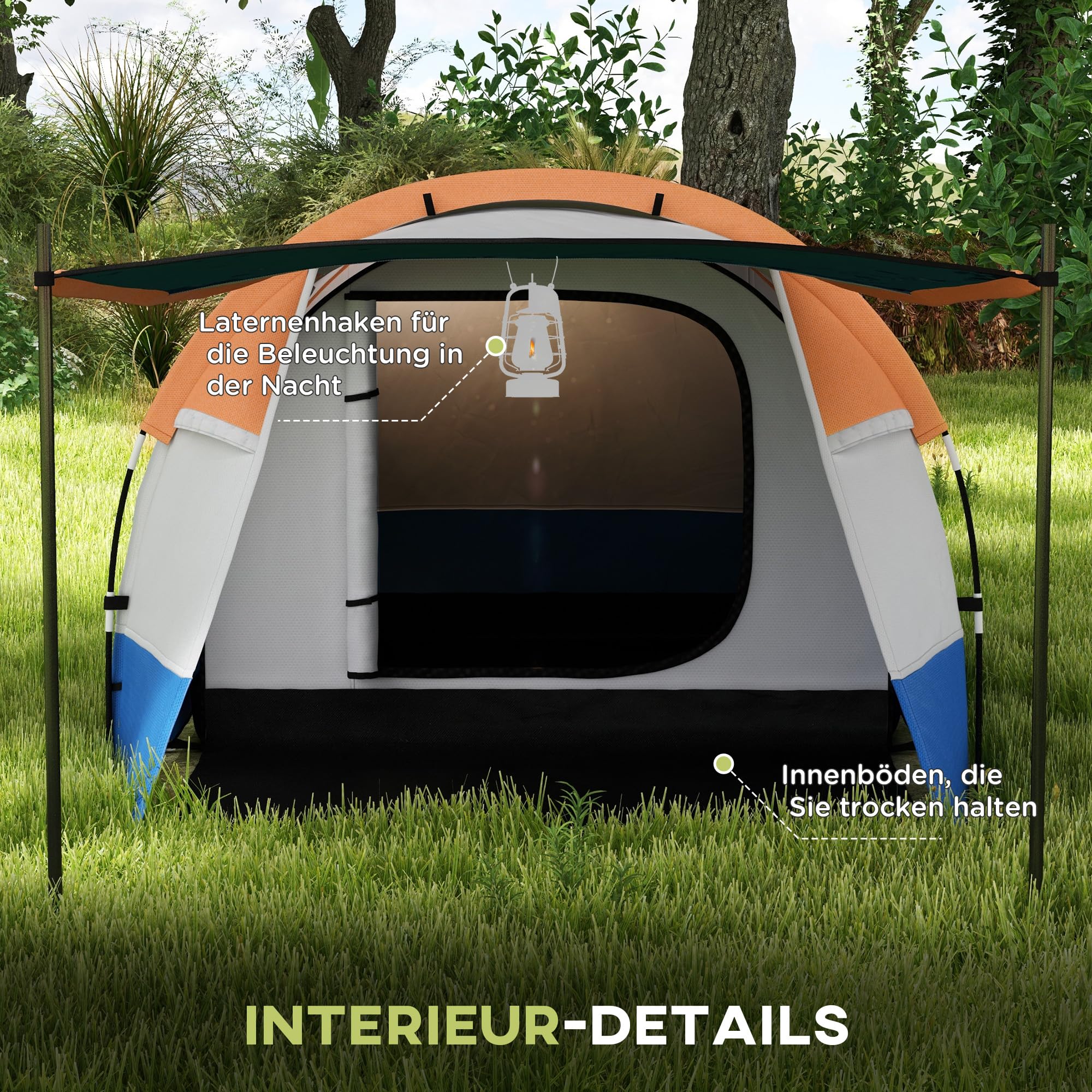 Outsunny Campingzelt, Tunnelzelt für 2 Personen, mit Lichthaken, Vorzelt, 2 Räumen, groß Familienzelt mit Tragetasche, 2000mm Wasserabweisend Pop Up Zelt für Camping, Garten