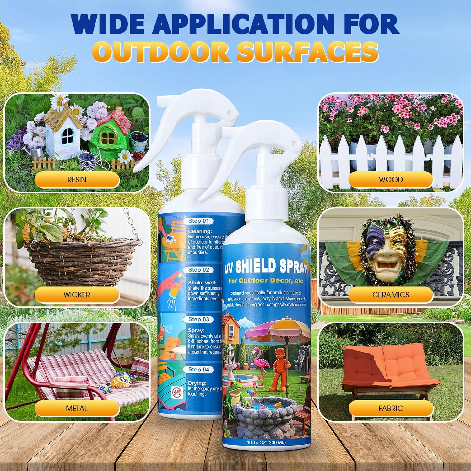 Swiffen 2 Pack UV Protectant Spray for Outdoor Decor Furniture Clear Water-Based Shield Prevents Fading Peeling Cracking Ideal for Resin Wood Metal Garden Statues 10.14 Fl Oz Each