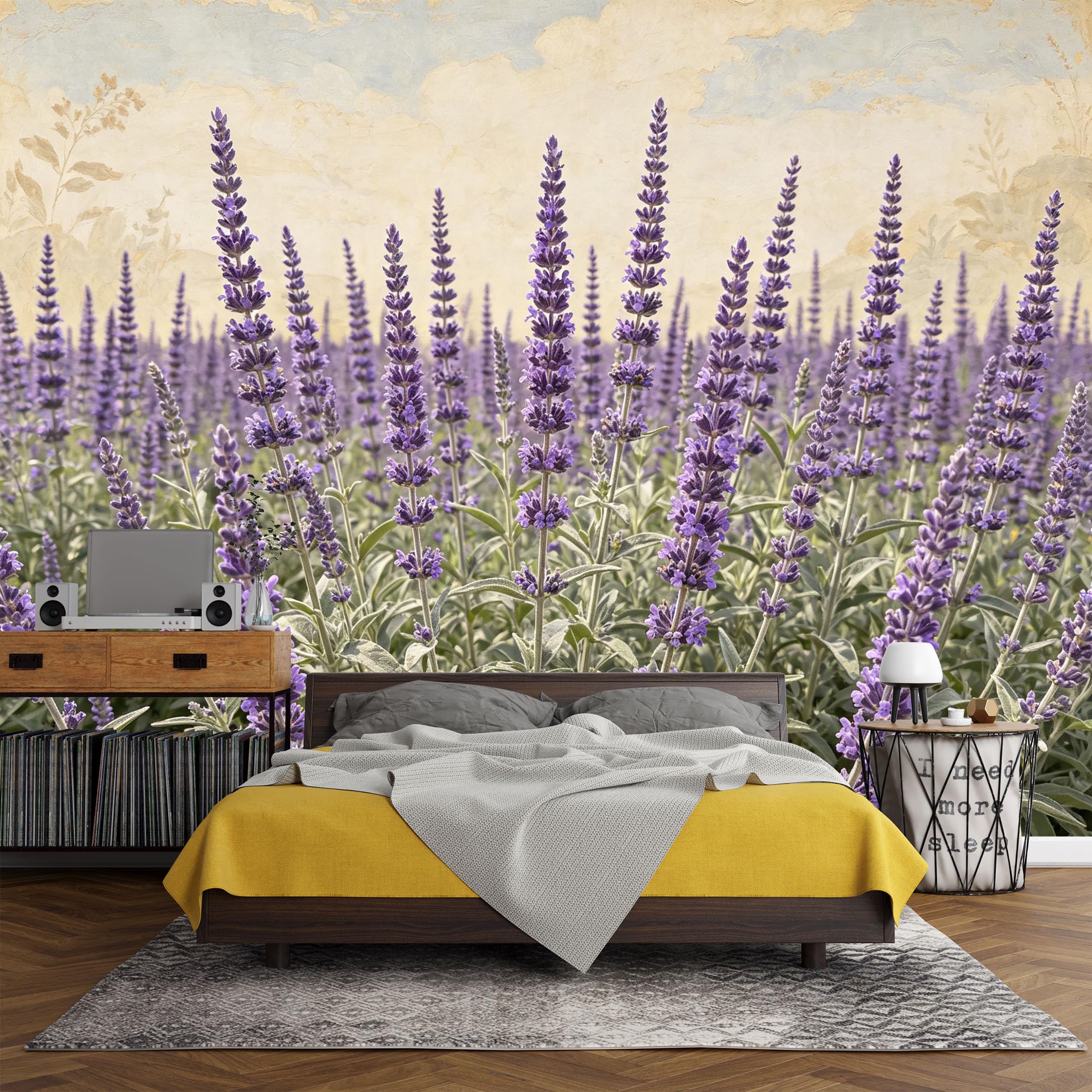Custom Size Wall Mural， Botanical Lavender Field Bloom Pastel Sky Landscape，SelfAdhesive Art Prints wall Fabric (No PVC) Removable Wallpaper Living Room Decor