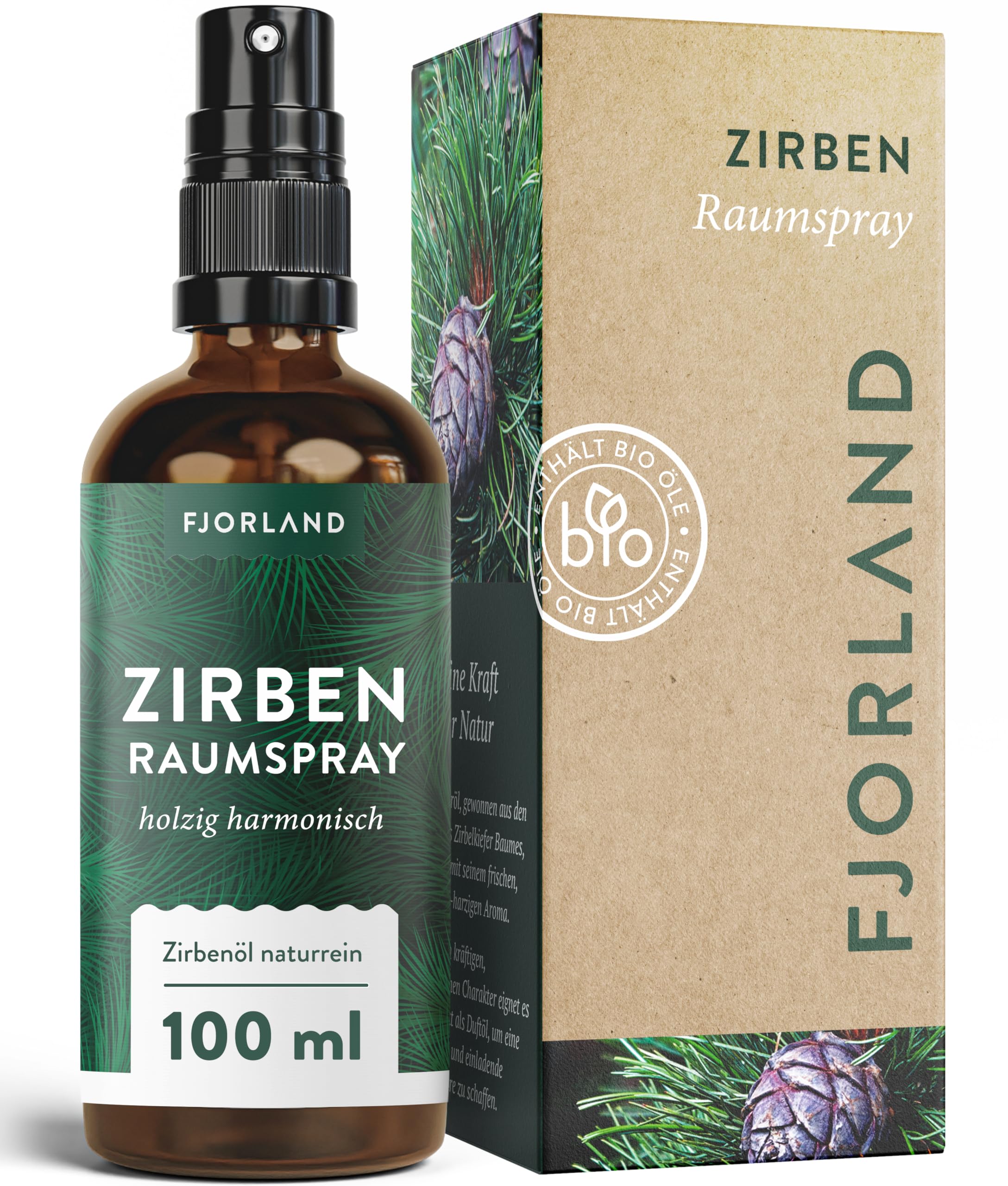 Fjorland Zirbenspray 100% naturreines Zirbenöl aus Österreich – 100 ml Holzig-aromatischer Duft für dein Zuhause – Vielseitig einsetzbar als Raumspray oder Kissenspray