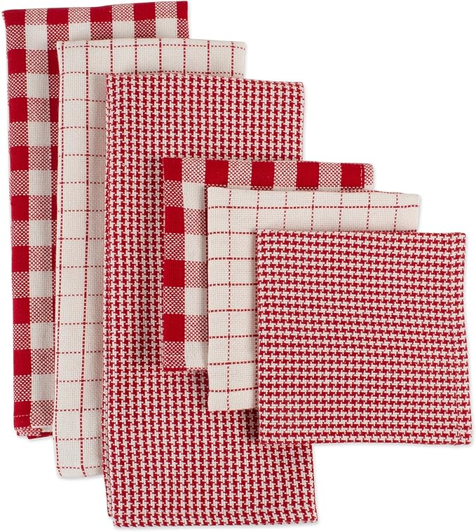 DII Heavy Duty Kitchen Towels Collection Long Lasting Quality, Cotton Dish Towel, 18x28; Dish Cloth, 13x13, Holiday Red Checks, 6 Piece