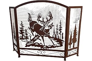 Buck Country Deer Woodland Scenic Heavy Brown Metal 3-Panel Decorative Fireplace Screen