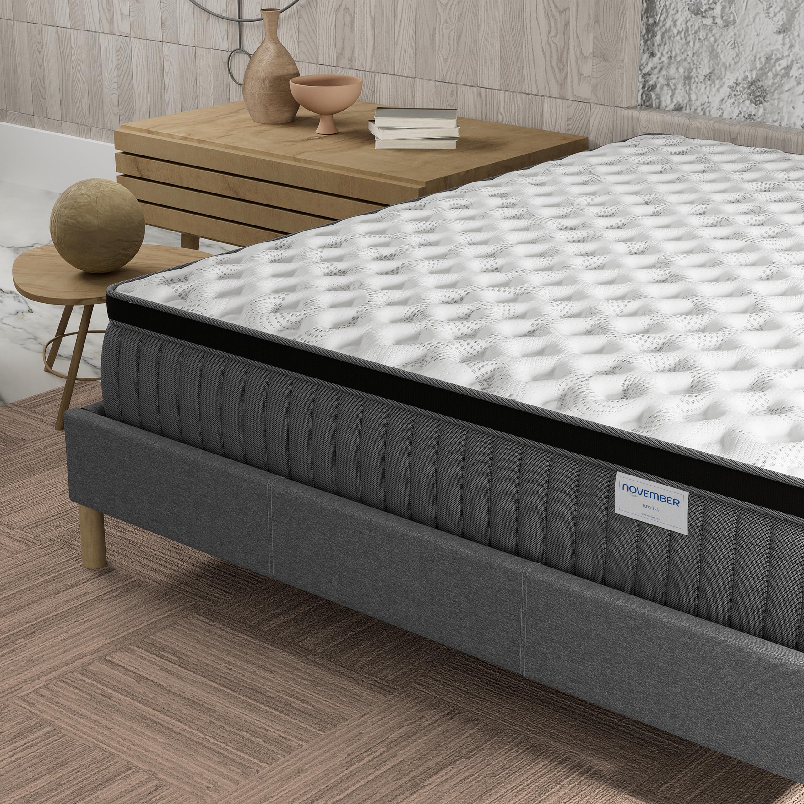 NOVEMBER- Ensemble Matelas + sommier (160 x 200cm)- Matelas Elekctra Ressorts ensachés & mémoire de Forme d’épaisseur 30cm + Sommier Bois Stable & Robuste revêtement Tissu Gris