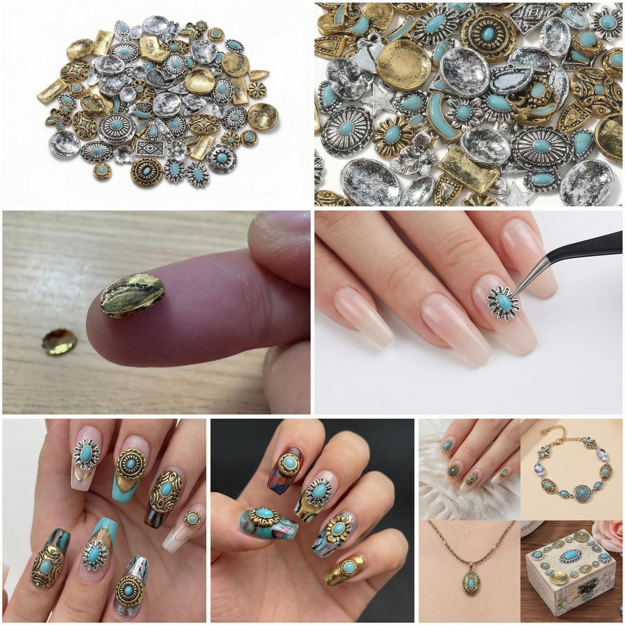 50 szt. westernowe zawieszki do paznokci turkusowa bransoletka metalowa biżuteria zawieszka do paznokci małe luzem kolorowe rockowe retro bohemia stop totem 3D marmurowe klejnoty manicure