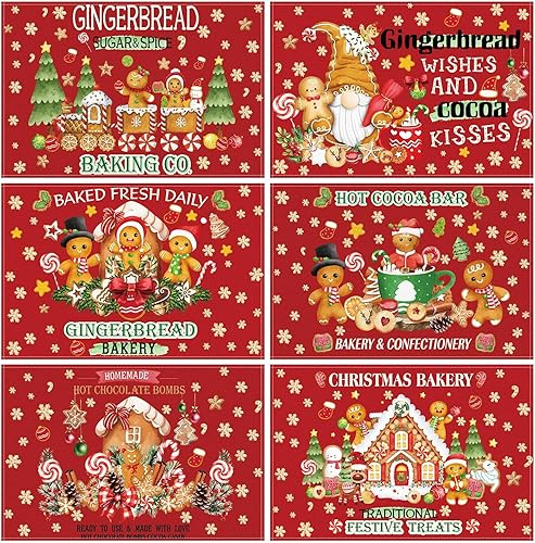 Hushee 6 manteles individuales de Navidad de 12 x 18 pulgadas, lavables, resistentes al calor, manteles individuales de Navidad, retro, con