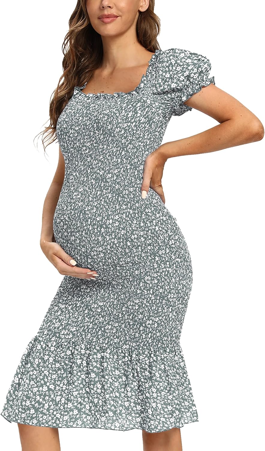 Summer Floral Midi Bodycon Maternity Dresses, Short Puff Sleeve Square Neck Ruffle Hem Mermaid Baby Shower Dress