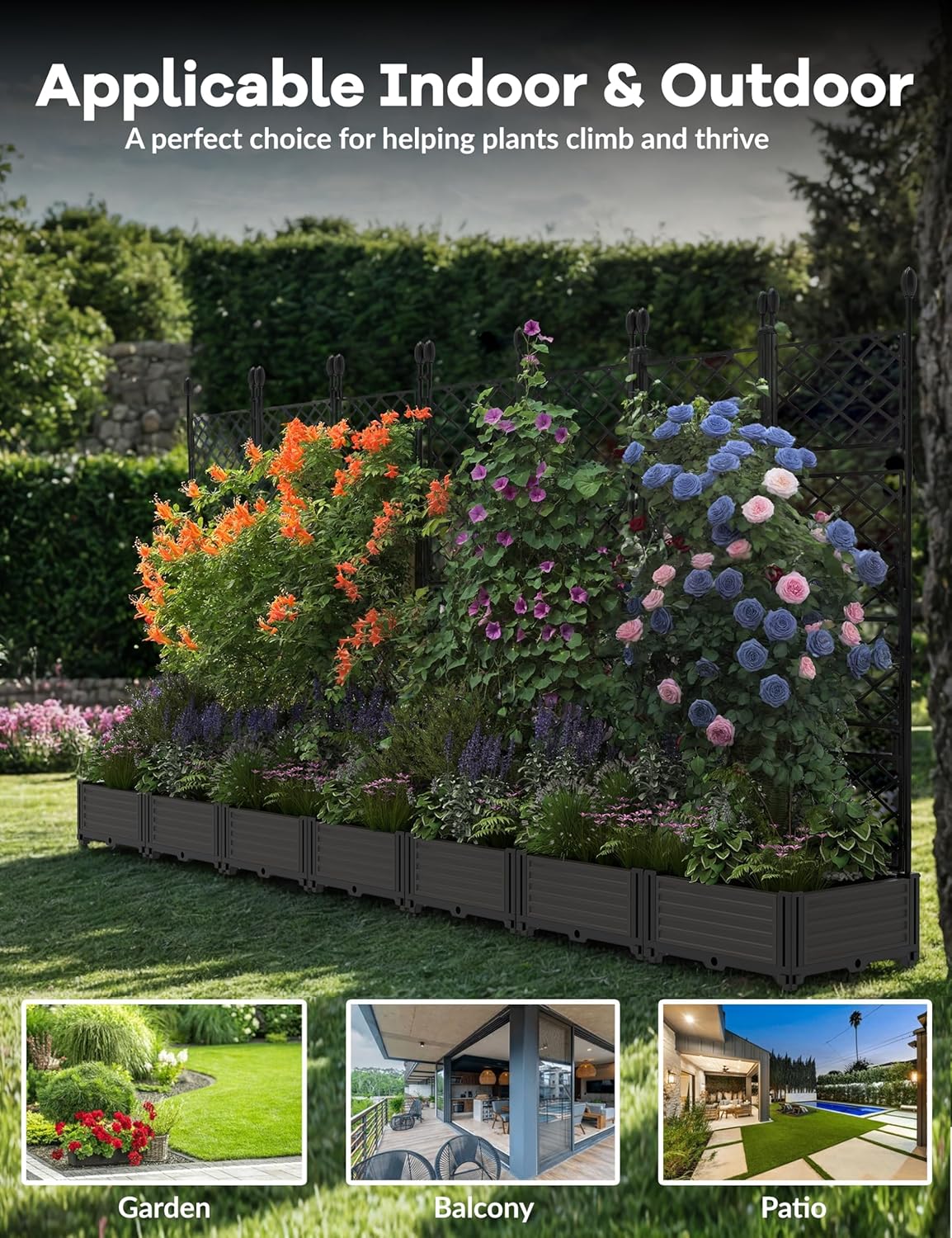 7 PCS Raised Garden Bed with Trellis,Lightweight & Sturdy 50" W x 63" Tall Planter Box for Climbing Plants, Outdoor Vertical Garden with Privacy Screen for Patio, Garden, Balcony, Backyard