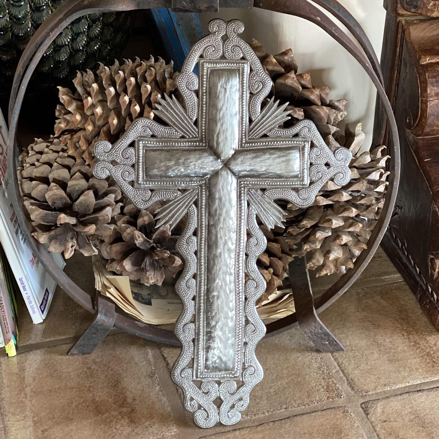 It's Cactus New Wall Cross, Religious Collection Gifts, Beautiful Handmade Metal Cross Sacrifice & Love, Authentic Upcycled Artwork from Haiti 11.5 x 18.25