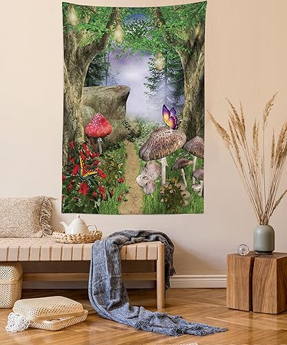 Miniatura 1 de Ambesonne Tapiz de hongos, camino de la naturaleza encantada, mariposas, paisaje, rocas, decoración para colgar en la pared para dormitorio, sala de