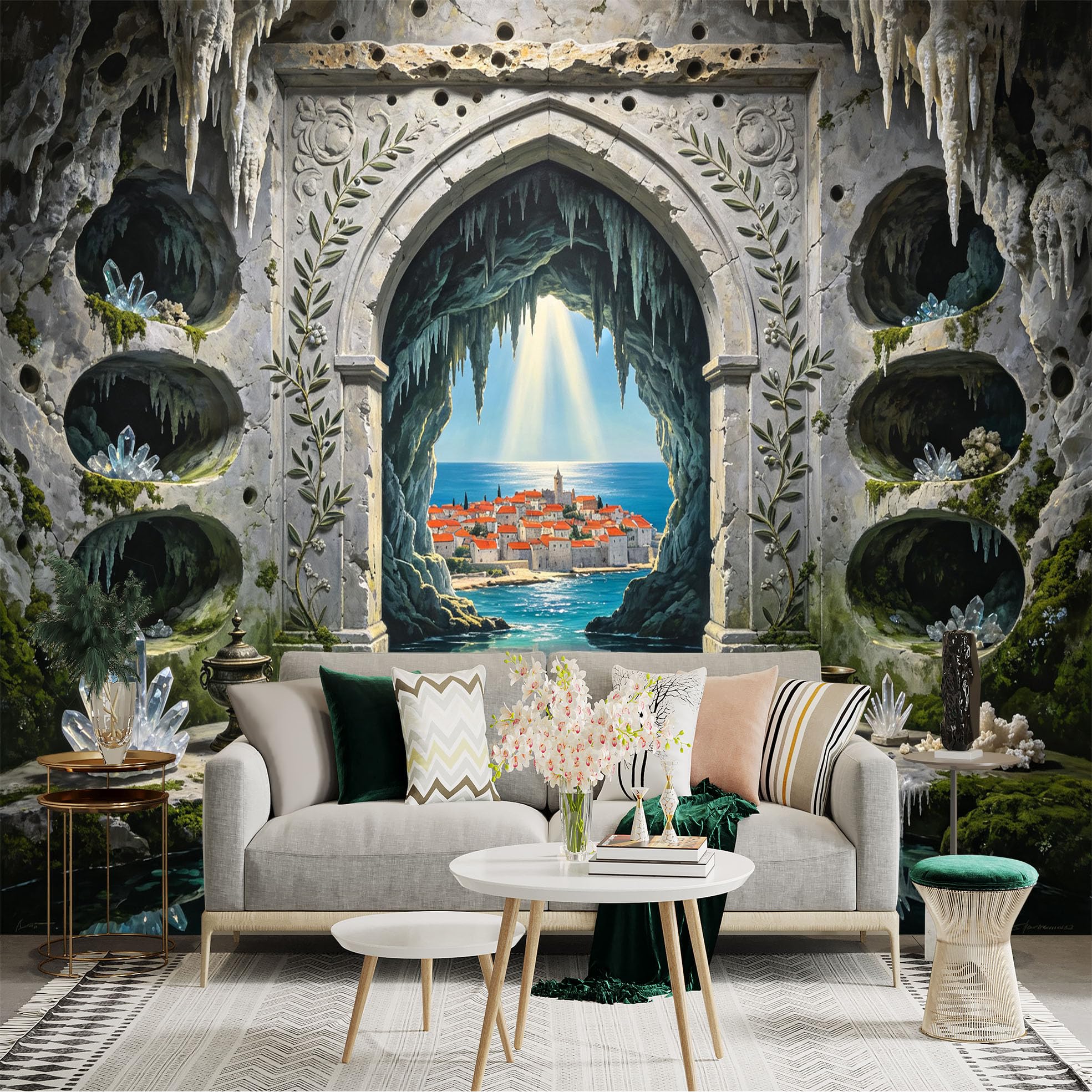 Custom Size Wall Sticker Mural， Fantasy Cave Archway， Coastal Village， Crystal Grotto and Ocean View， for wall Decoration， peelandstick wall Decals.