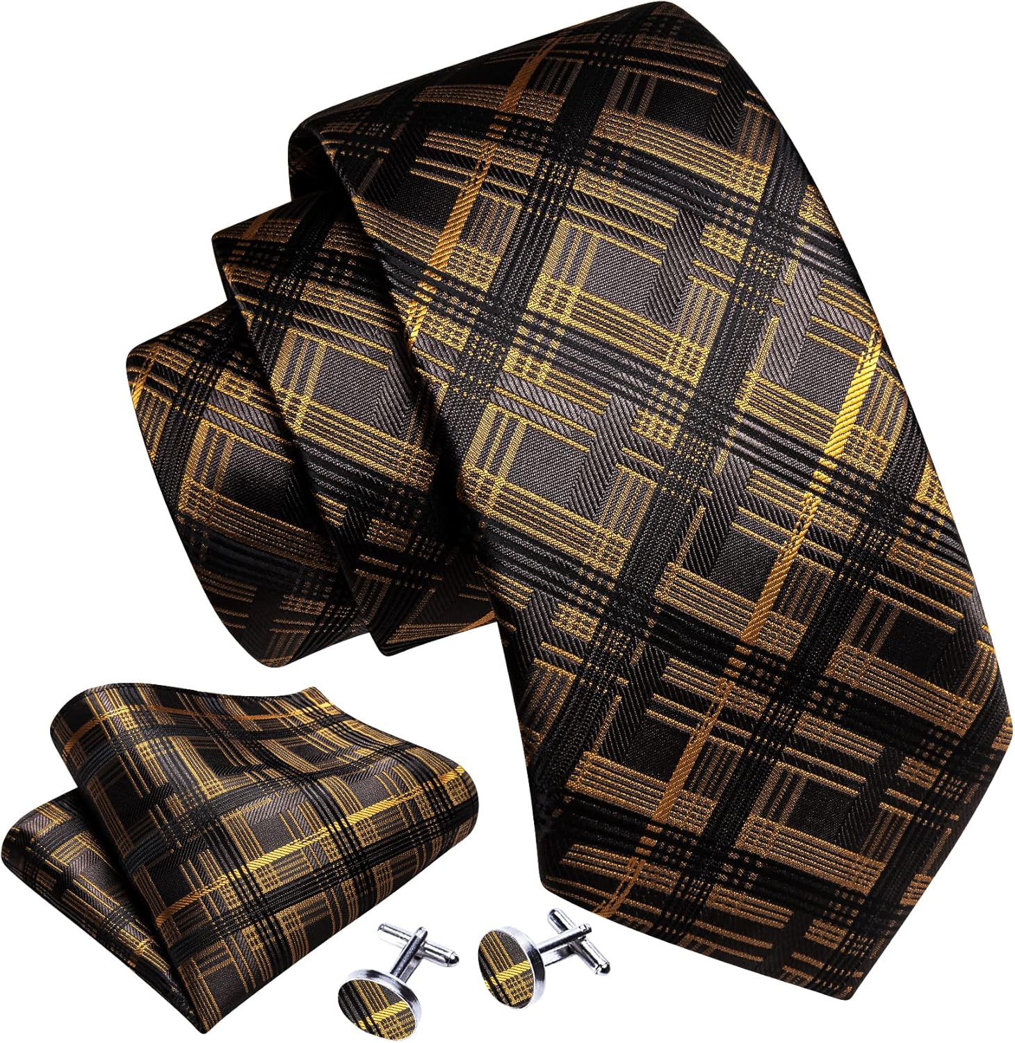 Barry.Wang Plaid Ties Check Mens Necktie Set with Handkerchief Cufflinks Classic Stripe - Image 2