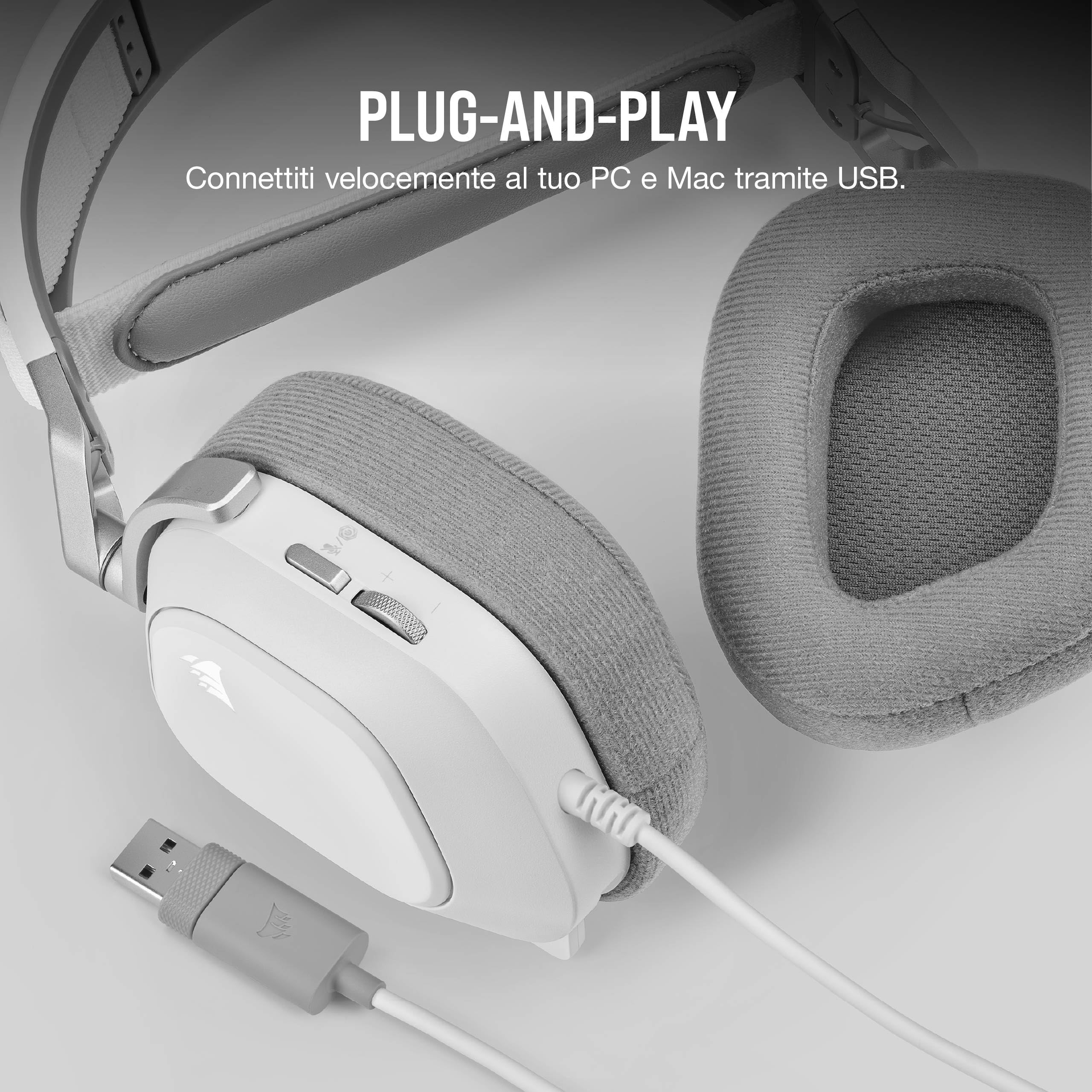 Corsair HS80 RGB USB Cuffia Gaming con Microfono Premium con Audio Surround 7.1, Microfono Broadcast Omnidirezionale, Controlli per Volume e Mute sul Padiglione, Illuminazione RGB Dinamica, Bianco