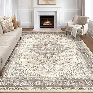 12x15 Area Rug Living Room: Washable Boho Large Neutral Vintage Soft Rugs Stain Resistant Farmhouse Non Slip Indoor Floor Carpet for Bedroom Nursery Kids Playroom Office Dining Room Home Decor- Brown