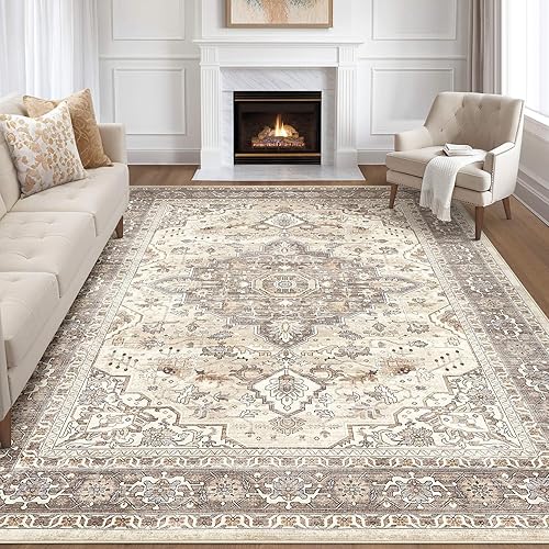7x10 Area Rug Living Room: Washable Boho Large Neutral Vintage Soft Rugs Stain Resistant Farmhouse Non-Slip Indoor Floor Carpet for Bedroom Nursery Kids Playroom Office Dining Room- Beige Brown