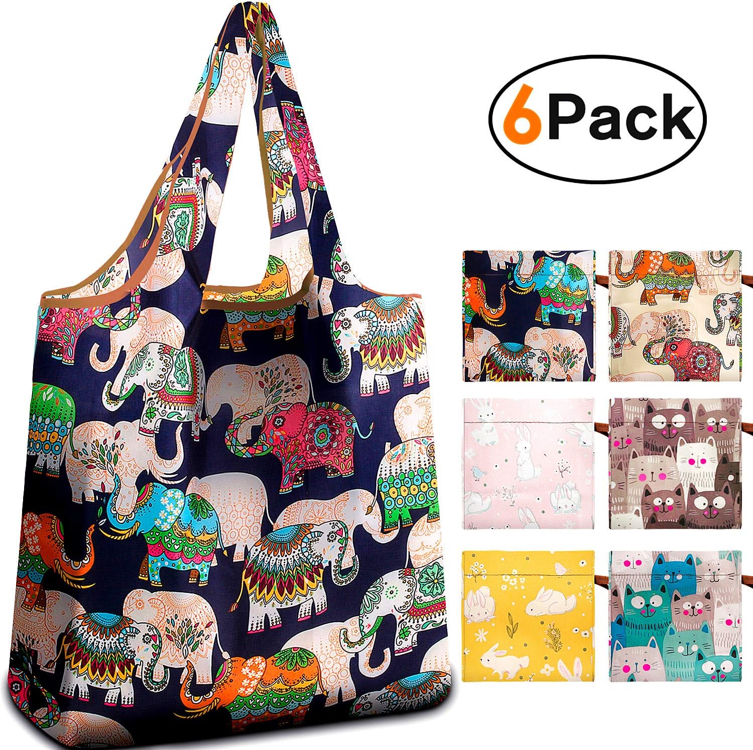 Elephant Cats Rabbits Reger Reusable Shopping Grocery Bags Light Weight Machine Washable Foldable into Attached Pouch 6 in 1 Pack,Small Size