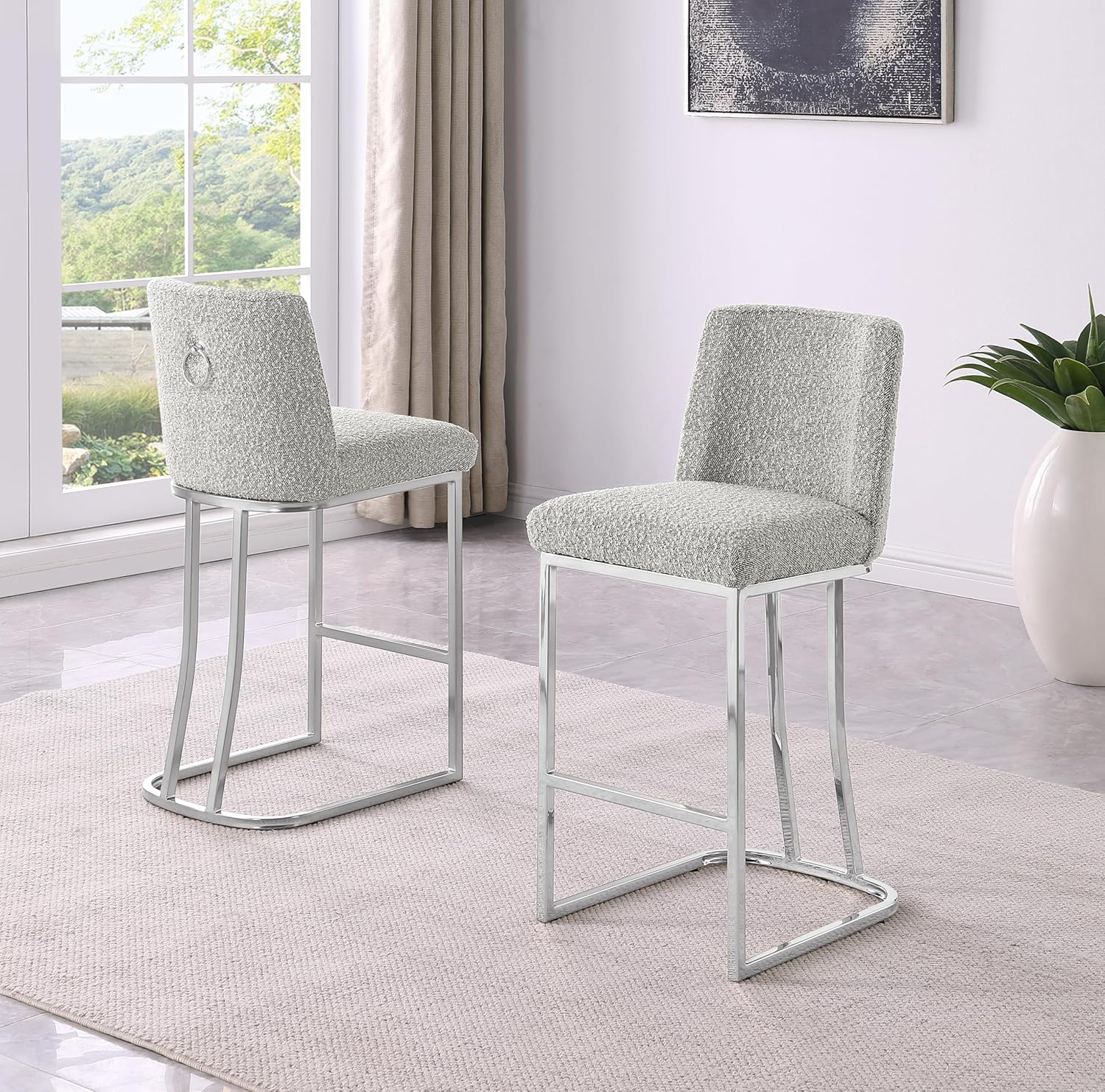 Modern Chairs Set of 2, Chrome Side Chairs & Counter Stools with Ring Pull Back, Luxury Upholstered Chairs for Kitchen Island, Dining Room & Home Bar (Boucle, Rich Gray / Silver, Bar Stool)