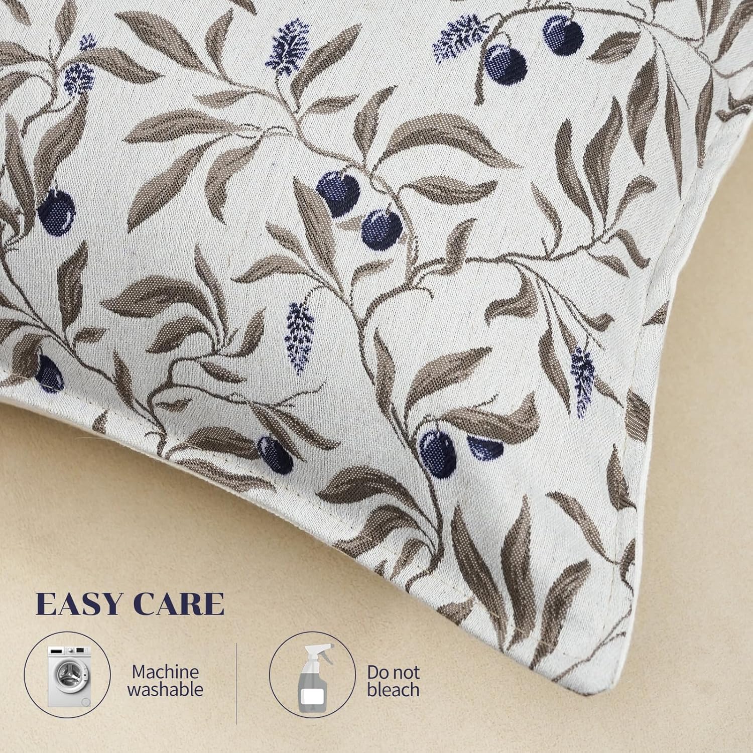 makkey Floral Pillow Covers 18x18 Pack of 2 Farmhouse Jacquard Pillowcovers Modern Square Decorative for Couch Sofa Bedroom Living Room, Beige
