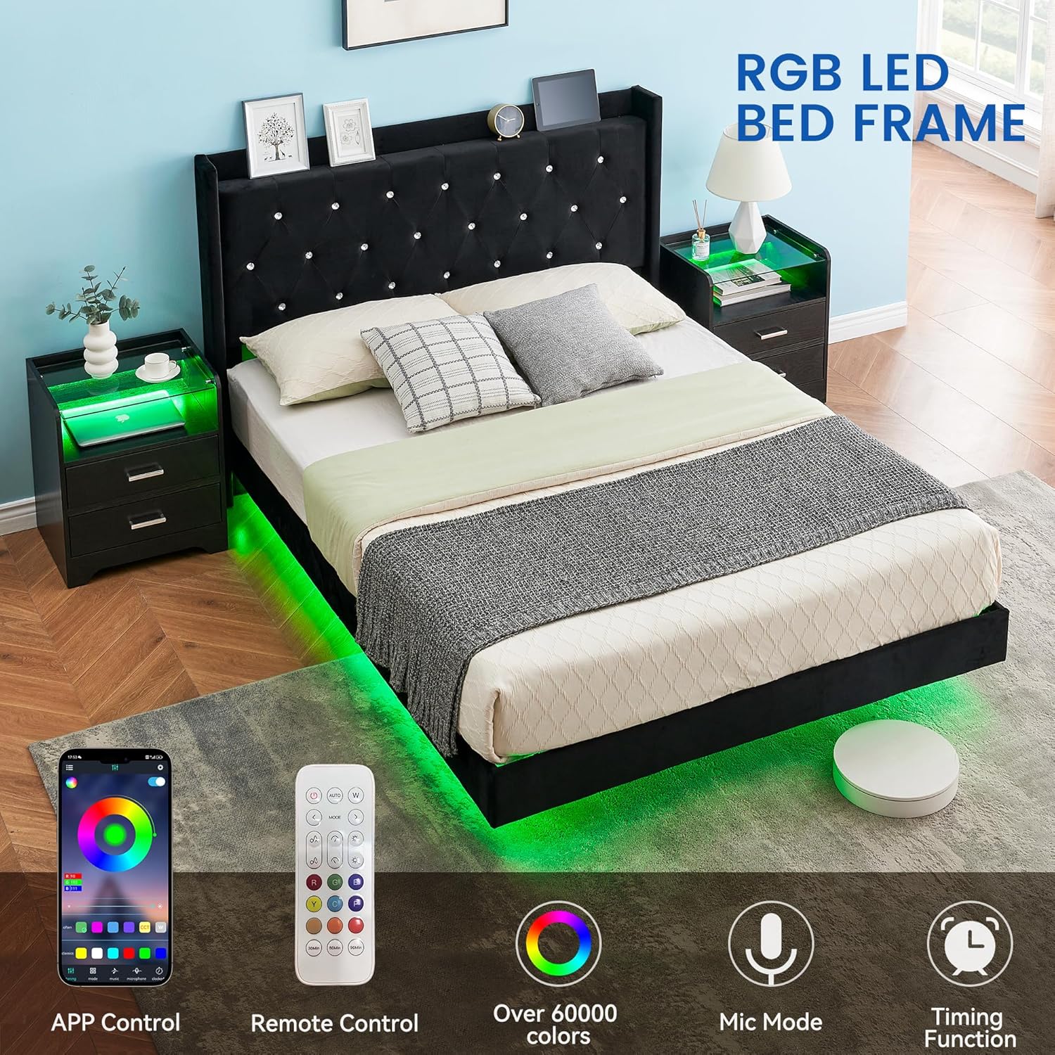 RGB LED Bed Frame with APP Control, Remote Control, Over 60000 colors, Mic Mode, and Timing Function