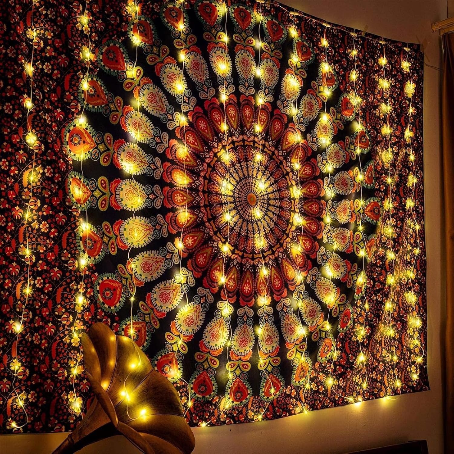 Hiboom 195 LED Curtain String Lights, 6.5 x 5 ft Tapestry Fairy Lights | Battery Operated USB Powered Copper Light with 8 Modes, Curtain Fairy Lights for Christmas Wedding Indoor Outdoor Decor