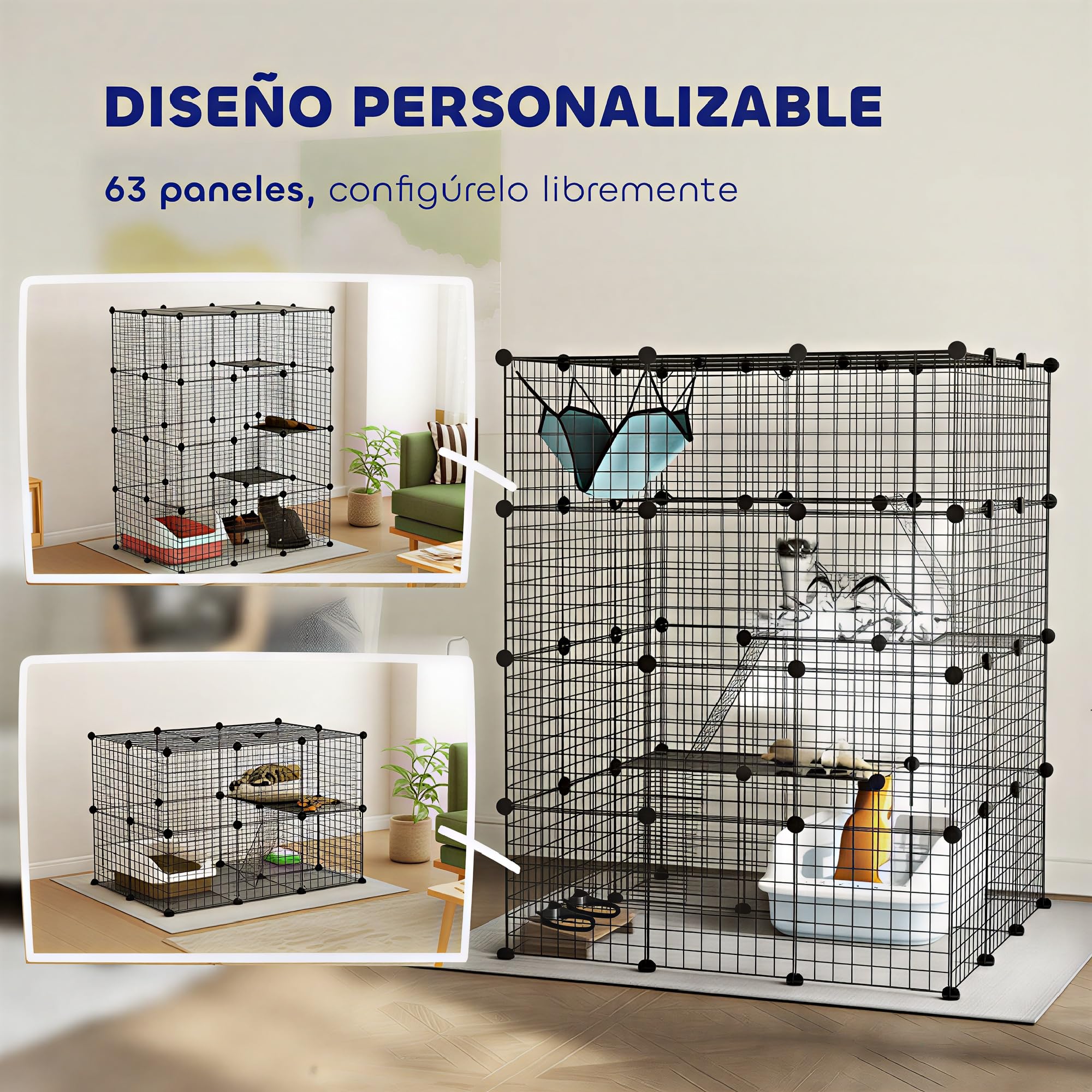 PawHut Jaula Grande para Gatos Interior de 4 Niveles con 5 Puertas, 3 Plataformas de Salto y 3 Rampas, Hamaca, Recinto y Parque para Mascotas, 105x105x140 cm, Negro