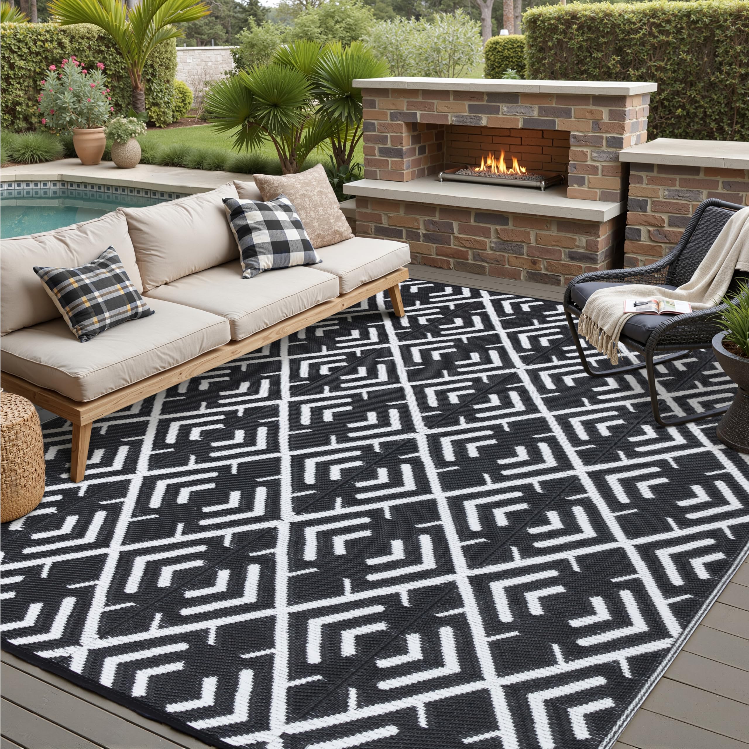 HUGEAR RV Outdoor Rug Waterproof Mat Outdoor Rugs 8'x10' for Patios Clearance Carpet Outdoor Camping Rugs Large Plastic Straw Rug(8x10ft Geometric Black&White)