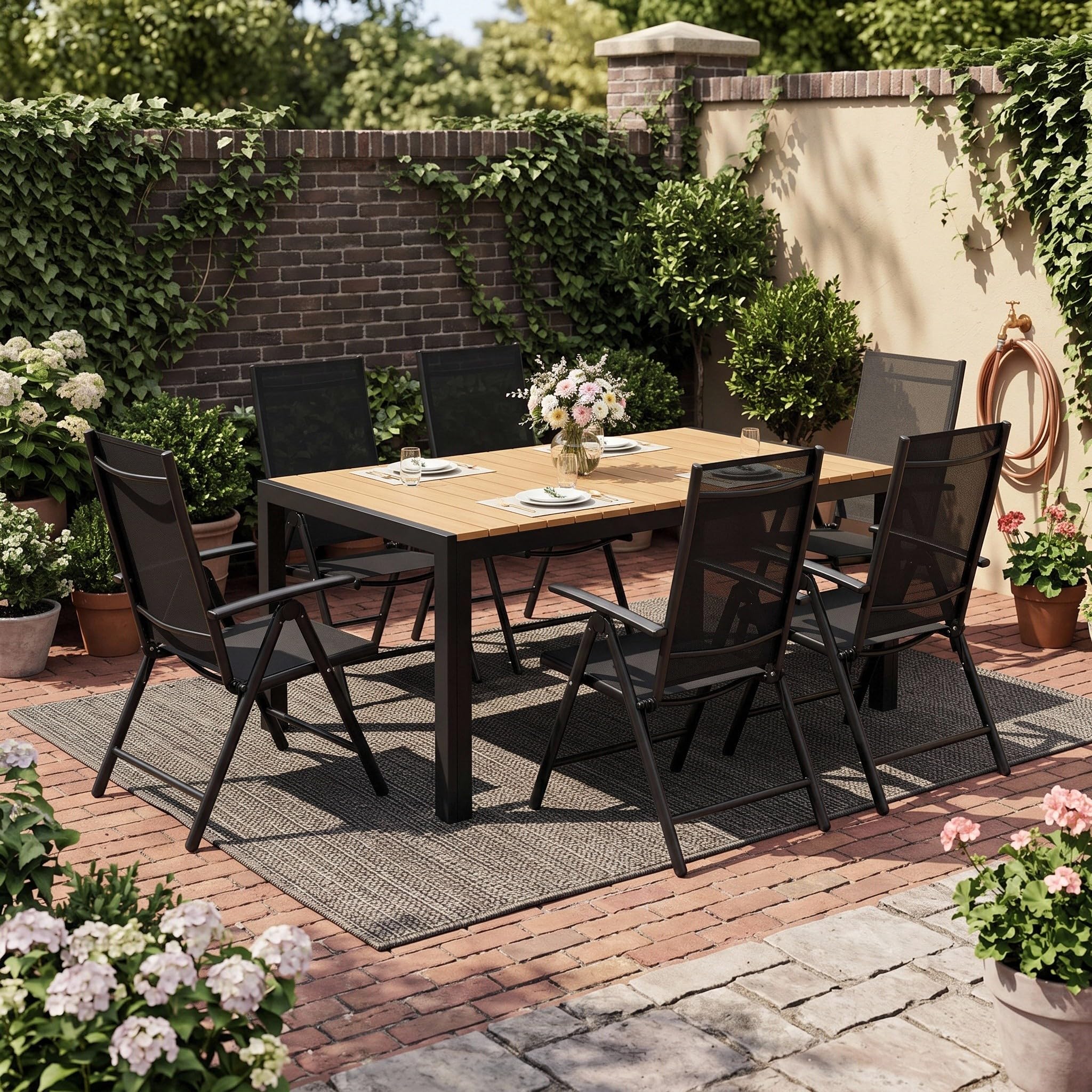 LIFERUN Gartenmöbel Set 6 Stühle mit Tisch Wetterfest, Aluminiumrahmen | WPC Gartentisch 140x90x75 cm, Verstellbare Hochlehner Klappstühle, Stabiler, Pflegeleicht, Outdoor Essgruppe Sitzgruppe