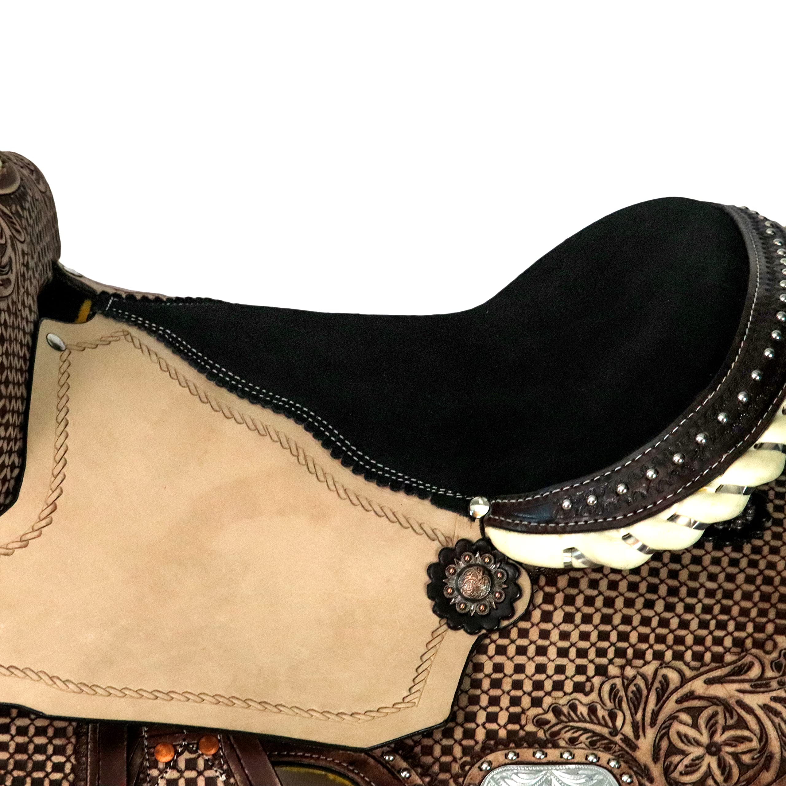 Manaal Enterprises Selle de cheval Western Barrel en cuir de qualité supérieure - Taille 35,6 cm à 45,7 cm - Siège disponible - Béquille en cuir assortie - Collier, rênes (siège de 36,8 cm