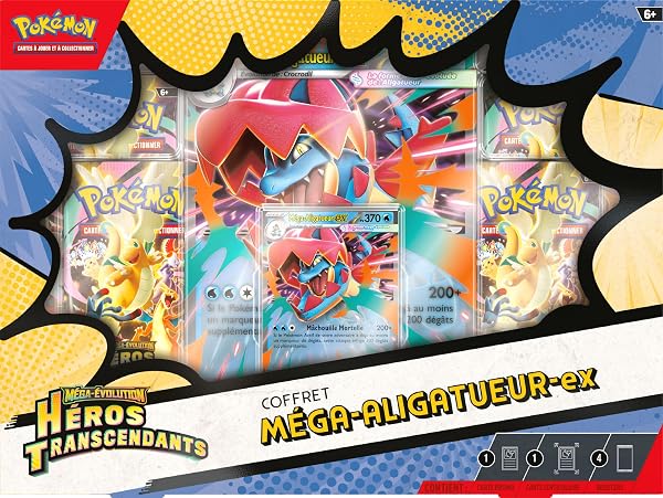 Pokémon : Coffret Méga-Évolution – Héros Transcendants – Méga-Aligatueur-ex (1 Carte Promo Brillante, 1 Carte Grand Format lenticulaire et 4 boosters) - 2