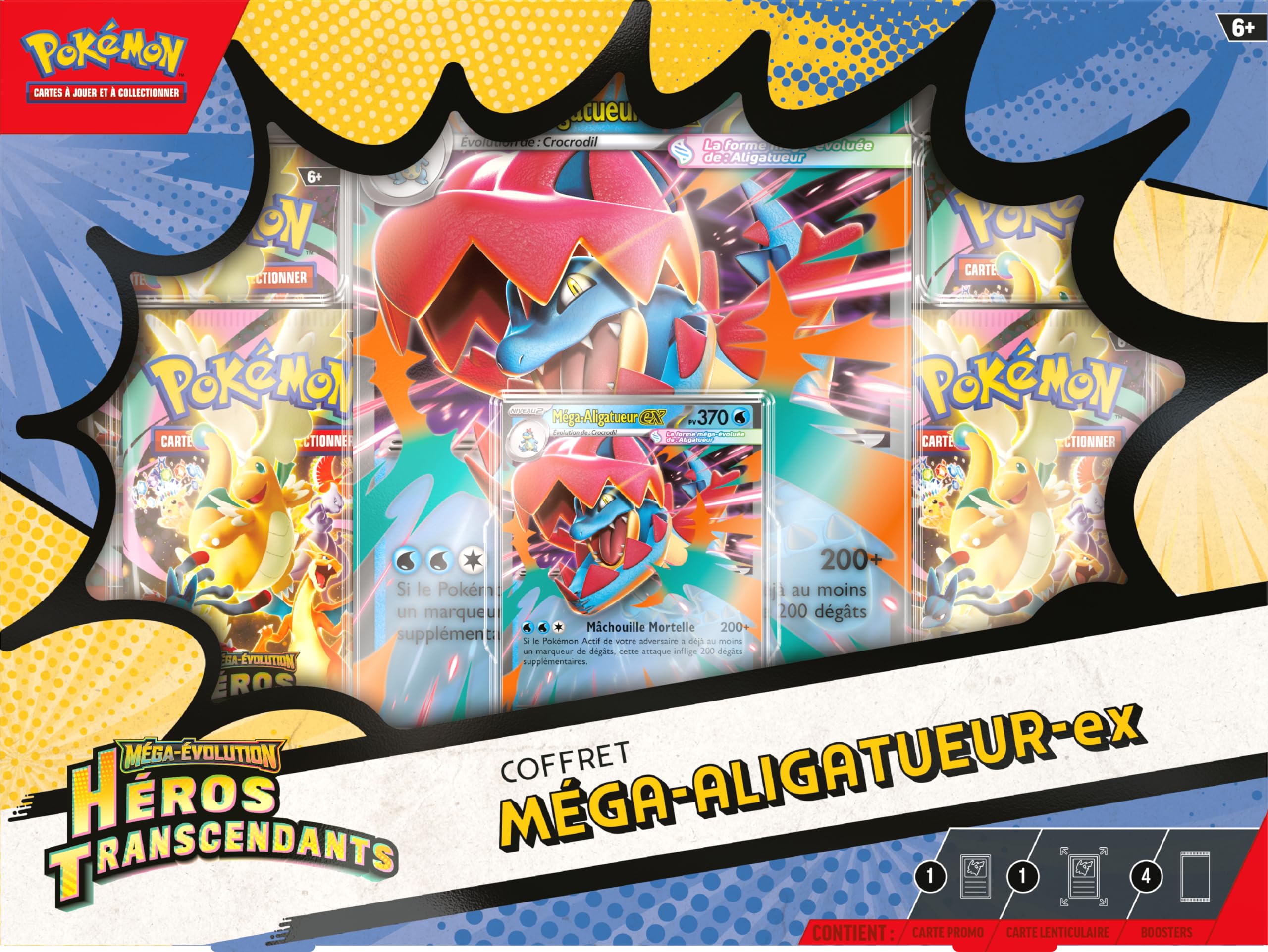 Pokémon : Coffret Méga-Évolution – Héros Transcendants – Méga-Aligatueur-ex (1 Carte Promo Brillante, 1 Carte Grand Format lenticulaire et 4 boosters)