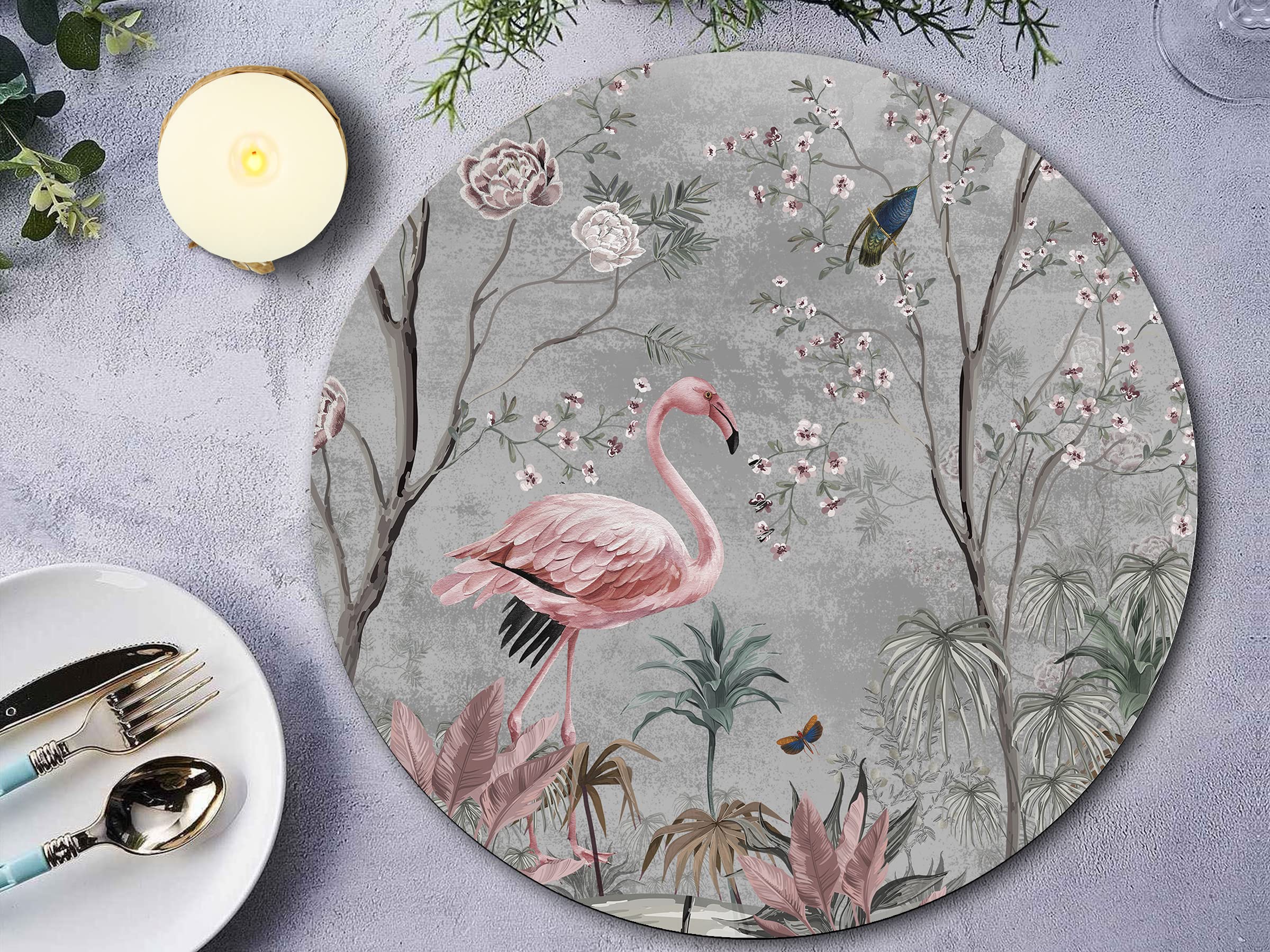 Space of Joy Graceful Flamingo Design Premium Printed MDF Wooden Dining Table mats, Heat/Water Resistant Round Placemats for Dining Kitchen Indoor Outdoor Set of 4 Pieces