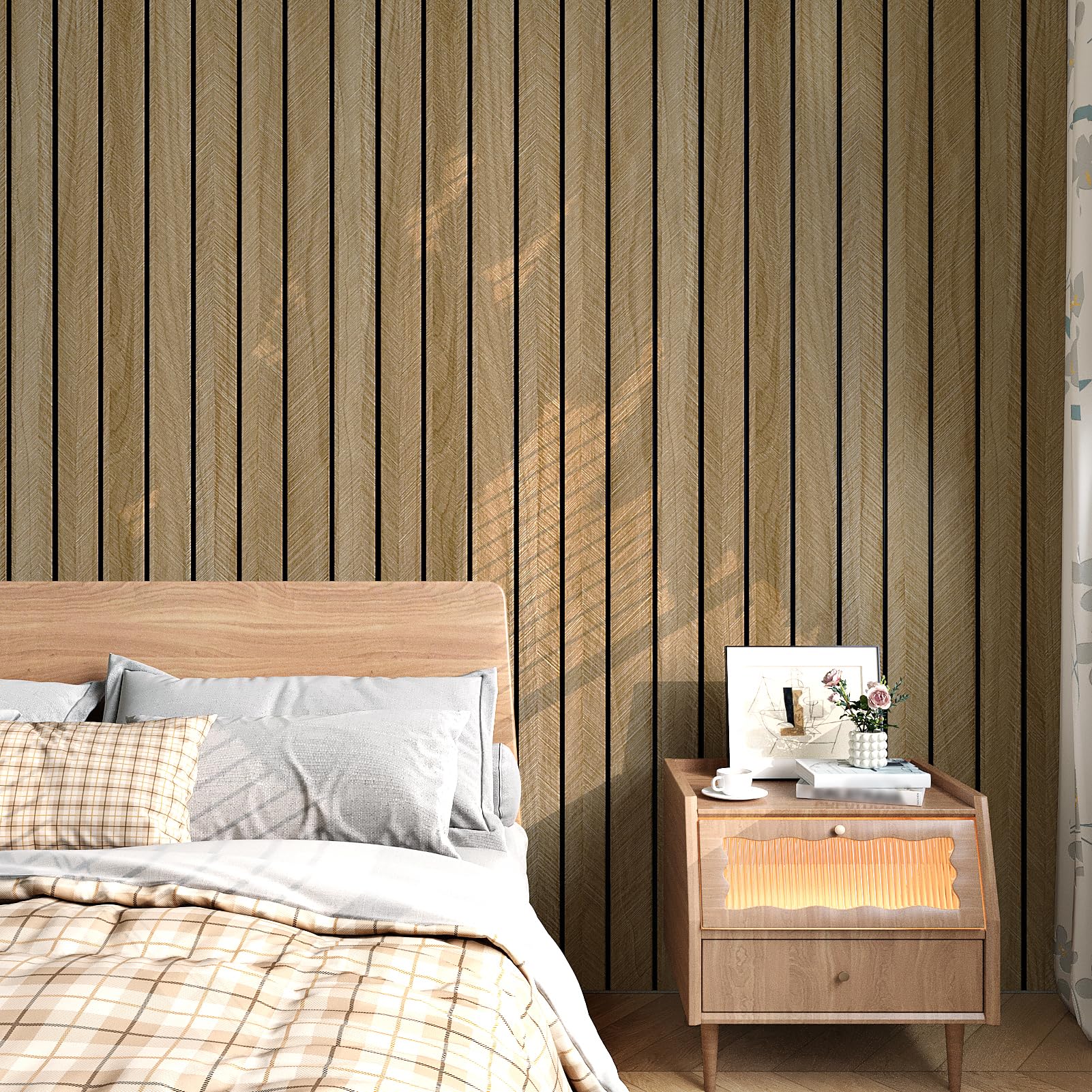 Panel de pared de listones de madera marrón acústico 3D para