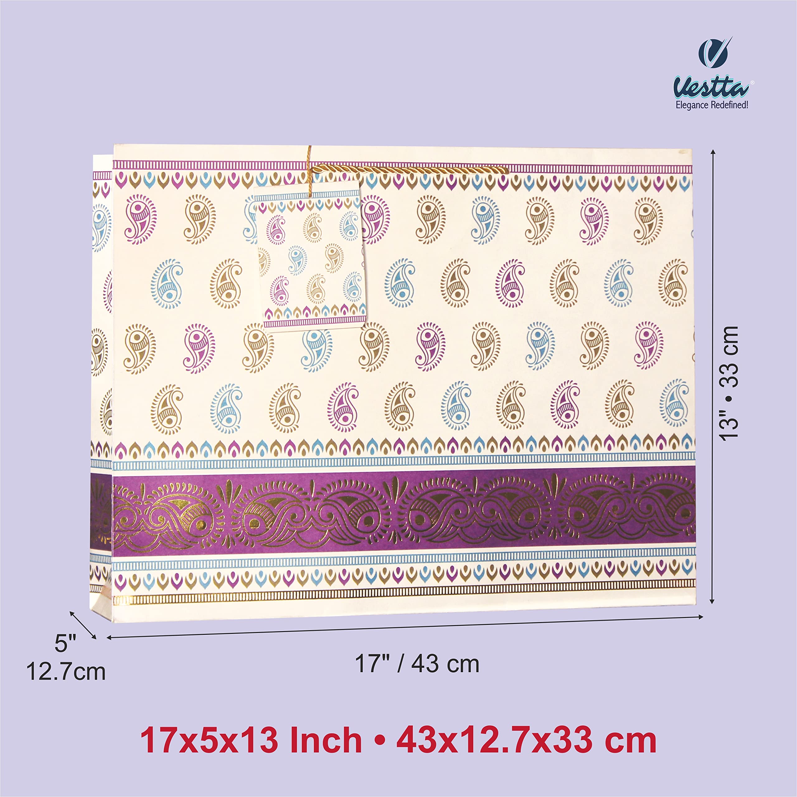 VESTTA -ELEGANCE REDEFINED, Gifts Bags, Extra Large, 17 (L) x 5 (B) x 13 (H) Inches, Pack of 10, Traditional Paisley Golden Border, Matt Finish, for Weddings, Diwali with Gift Tags (Purple) 3